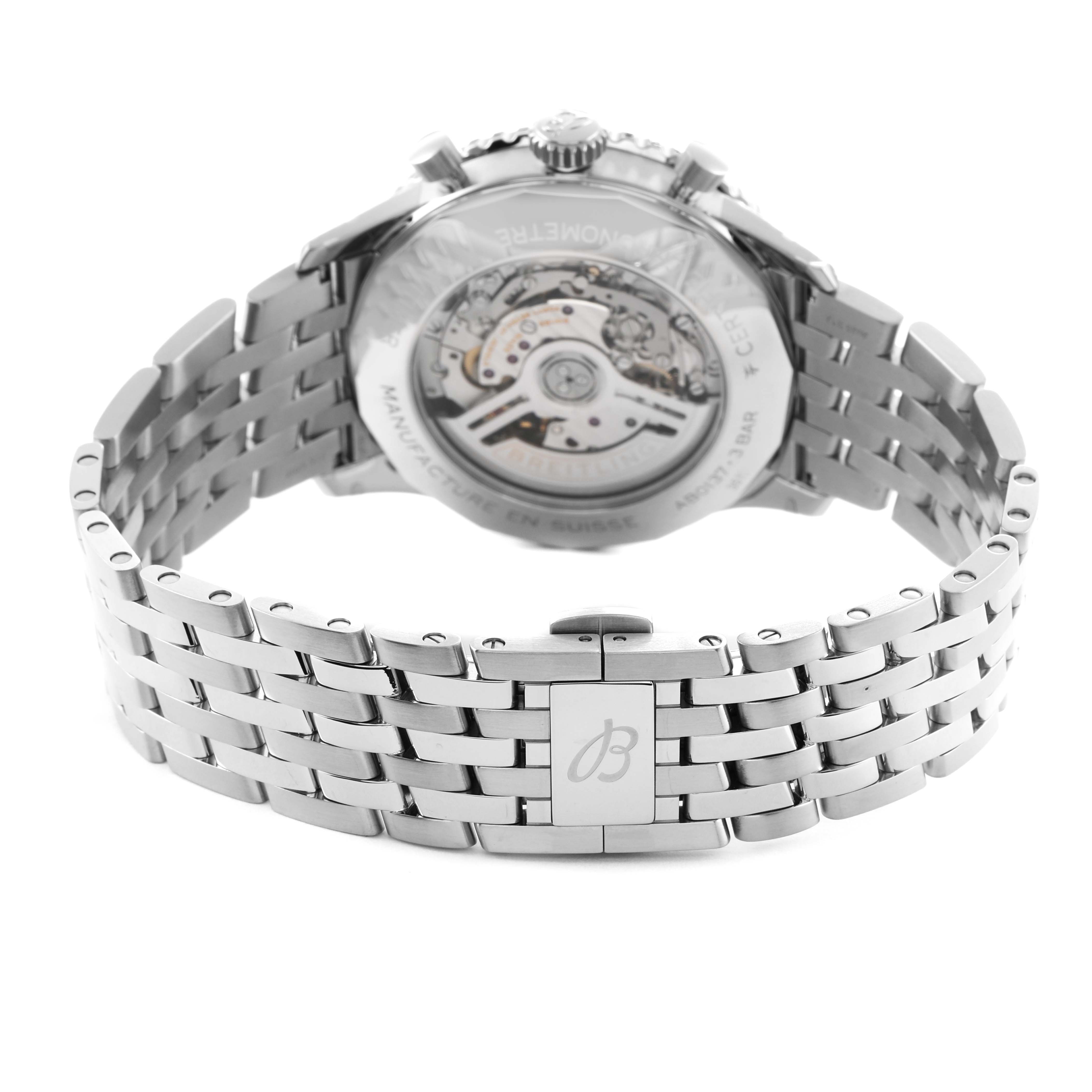 The Breitling Navitimer AB0137 Men's Stainless Steel Blue Dial watch is shown from the back, highlighting its open case back and metal bracelet.