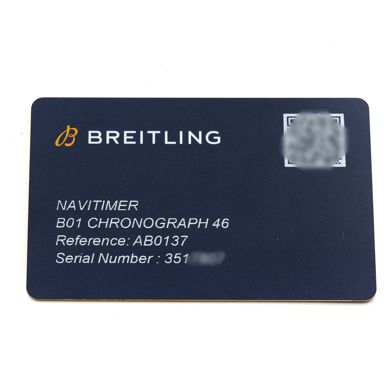 The image shows a warranty card for the Breitling Navitimer AB0137 Men's Stainless Steel Blue Dial B01 Chronograph 46, featuring reference and serial numbers.