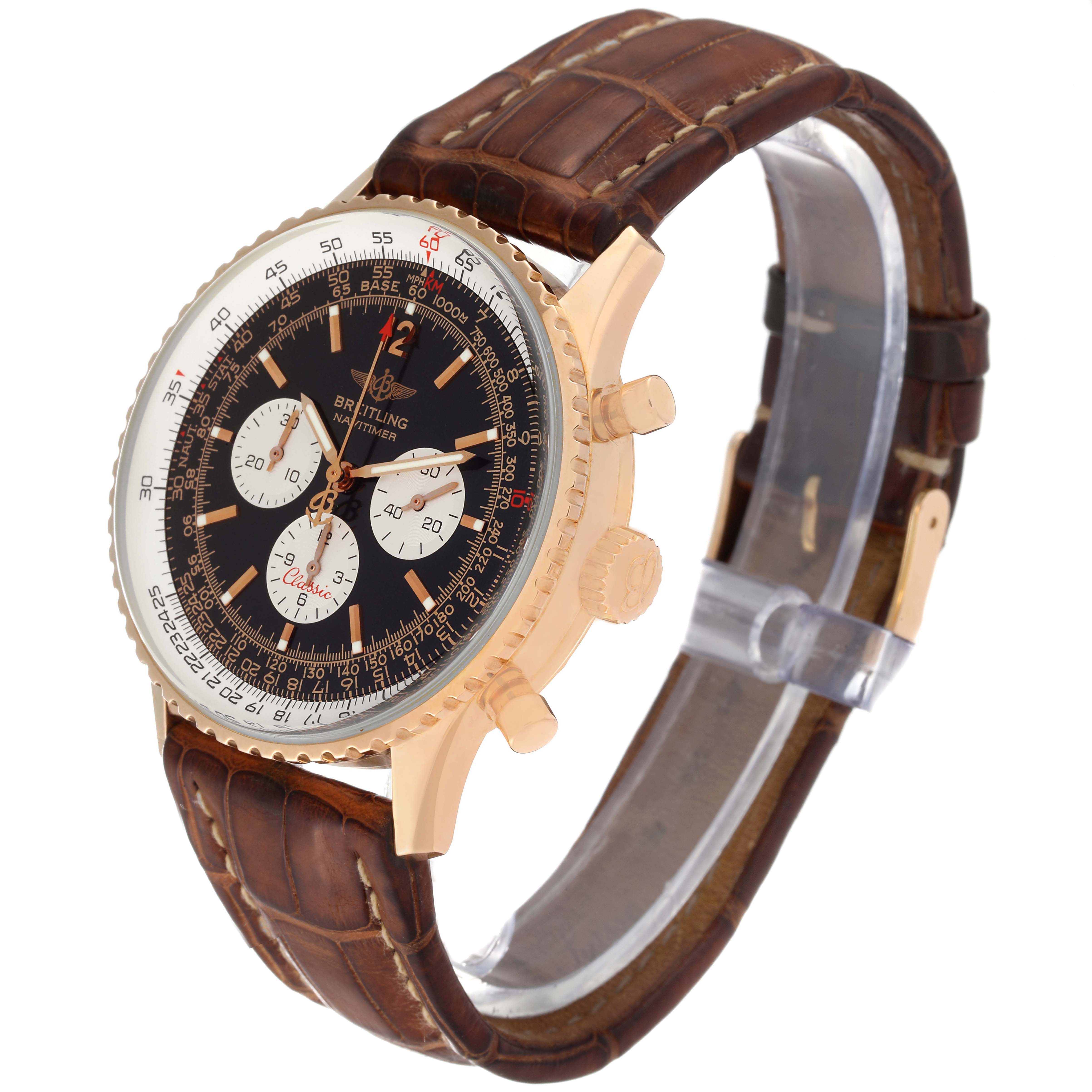The Breitling Navitimer model H30330 Men's watch is shown at an angled side view, displaying the case, dial, crown, pushers, and leather strap.