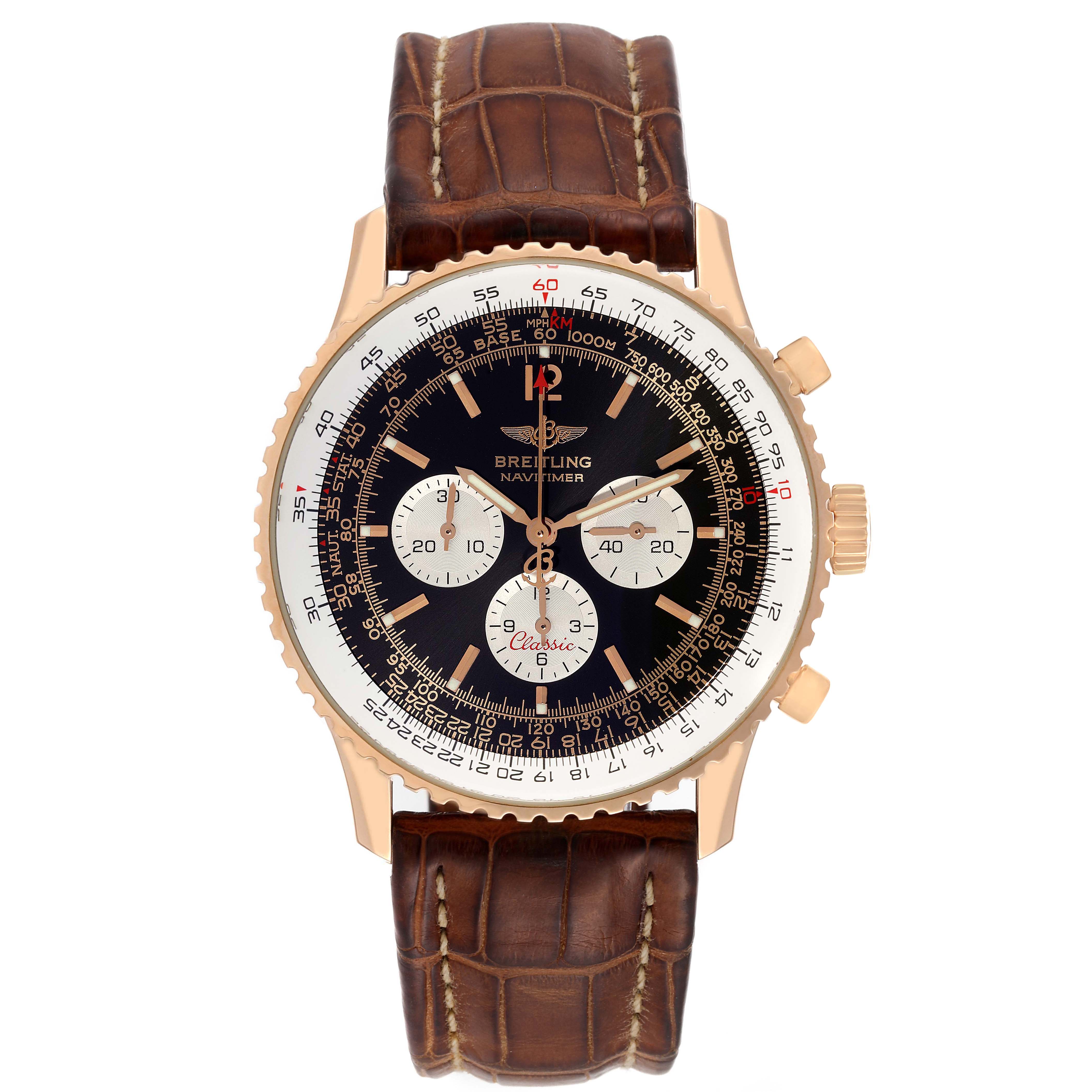 The image shows a front view of the Breitling Navitimer, model number H30330, displaying its dial, bezel, crown, and brown leather strap.