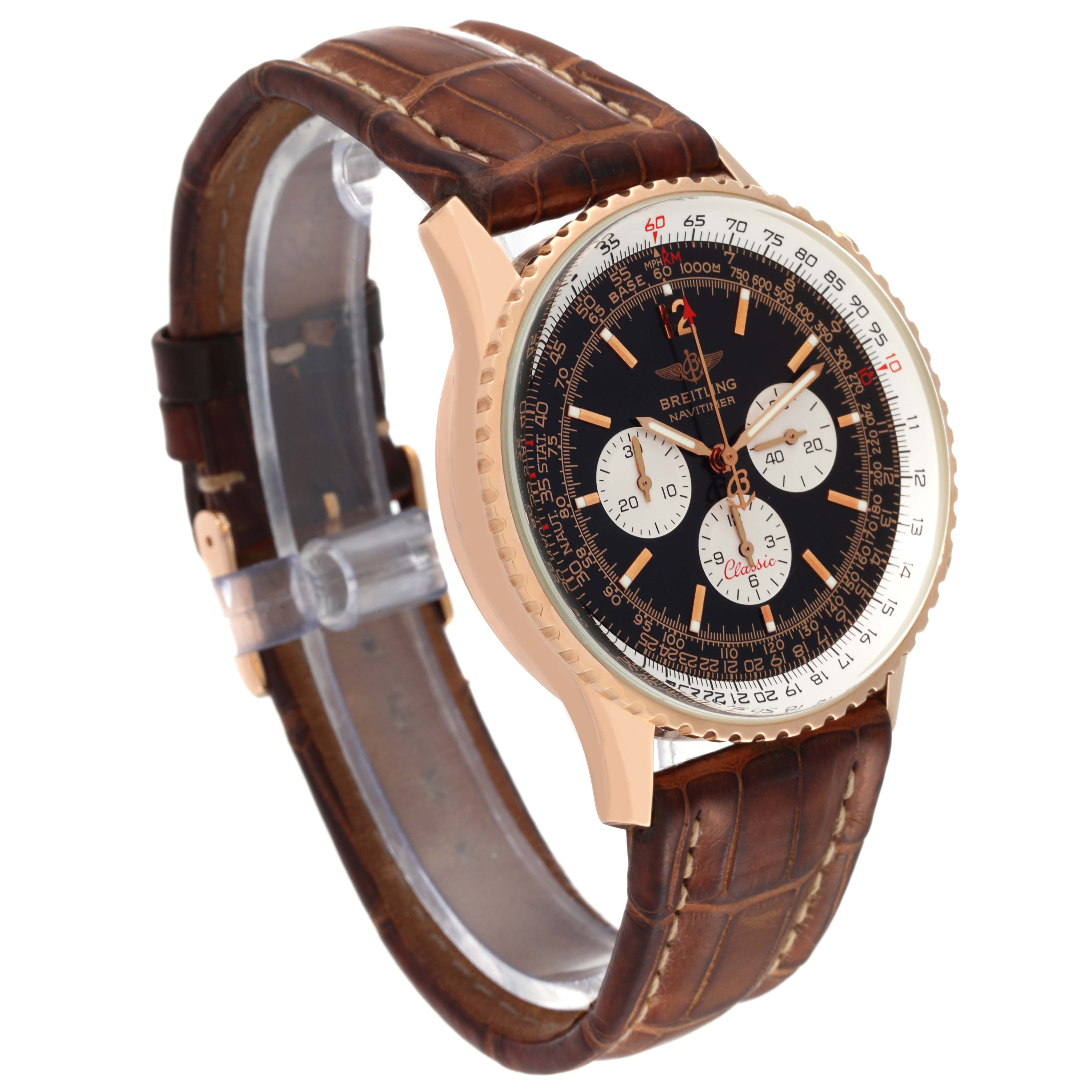 The image shows the Breitling Navitimer model H30330 men's watch from a three-quarter angle, highlighting its face, bezel, and leather strap.