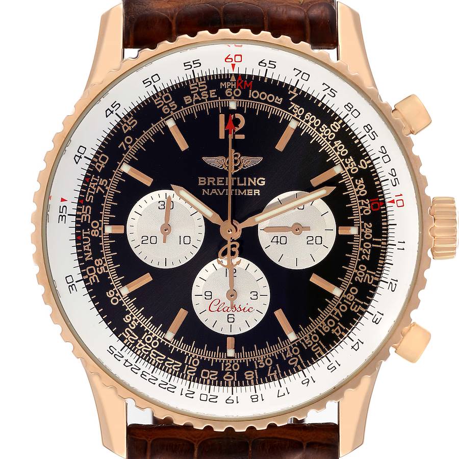 The Breitling Navitimer H30330 men's watch is shown from a front angle, highlighting its rose gold case, black dial with three subdials, and brown leather strap.