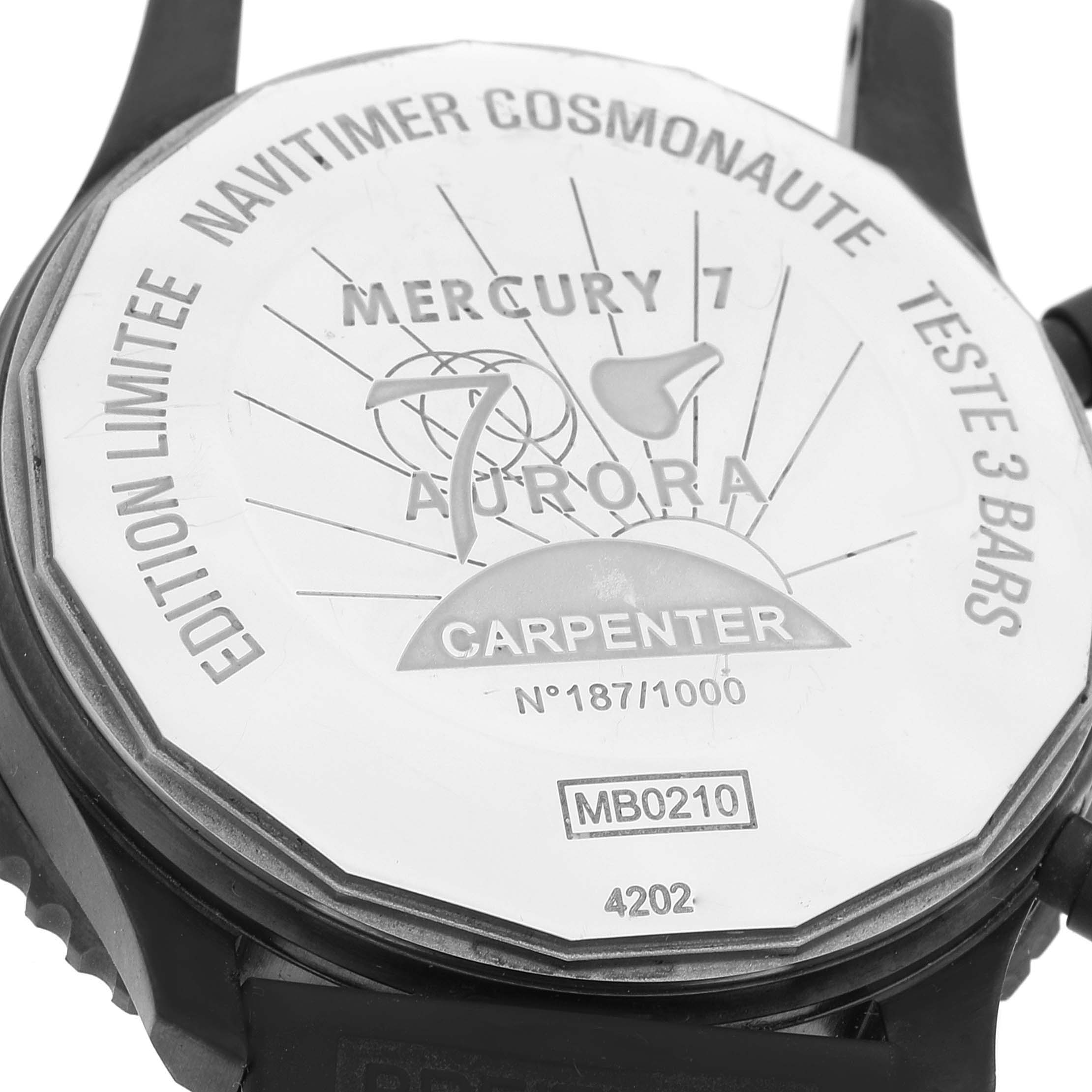 This image shows the case back of a Breitling Navitimer MB0210 Men
s Stainless Steel Black Dial MB0210 Men
s Stainless Steel Black Dial Cosmonaut model, highlighting its limited edition markings and engravings.