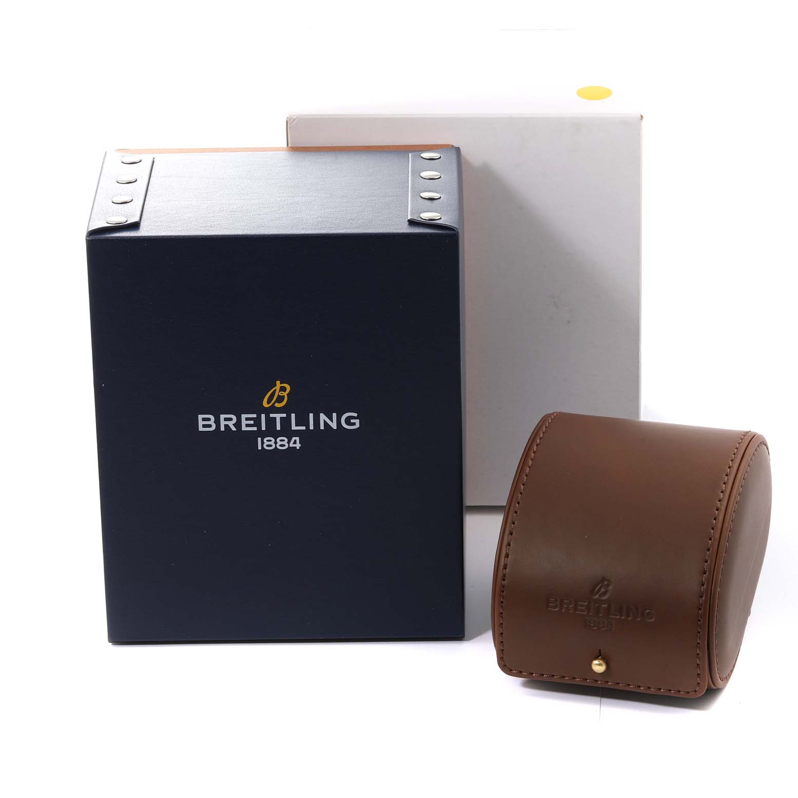 This image shows the packaging of a Breitling Navitimer MB0210 Men
s Stainless Steel Black Dial MB0210 Men
s Stainless Steel Black Dial watch, including a branded box and a brown leather case.