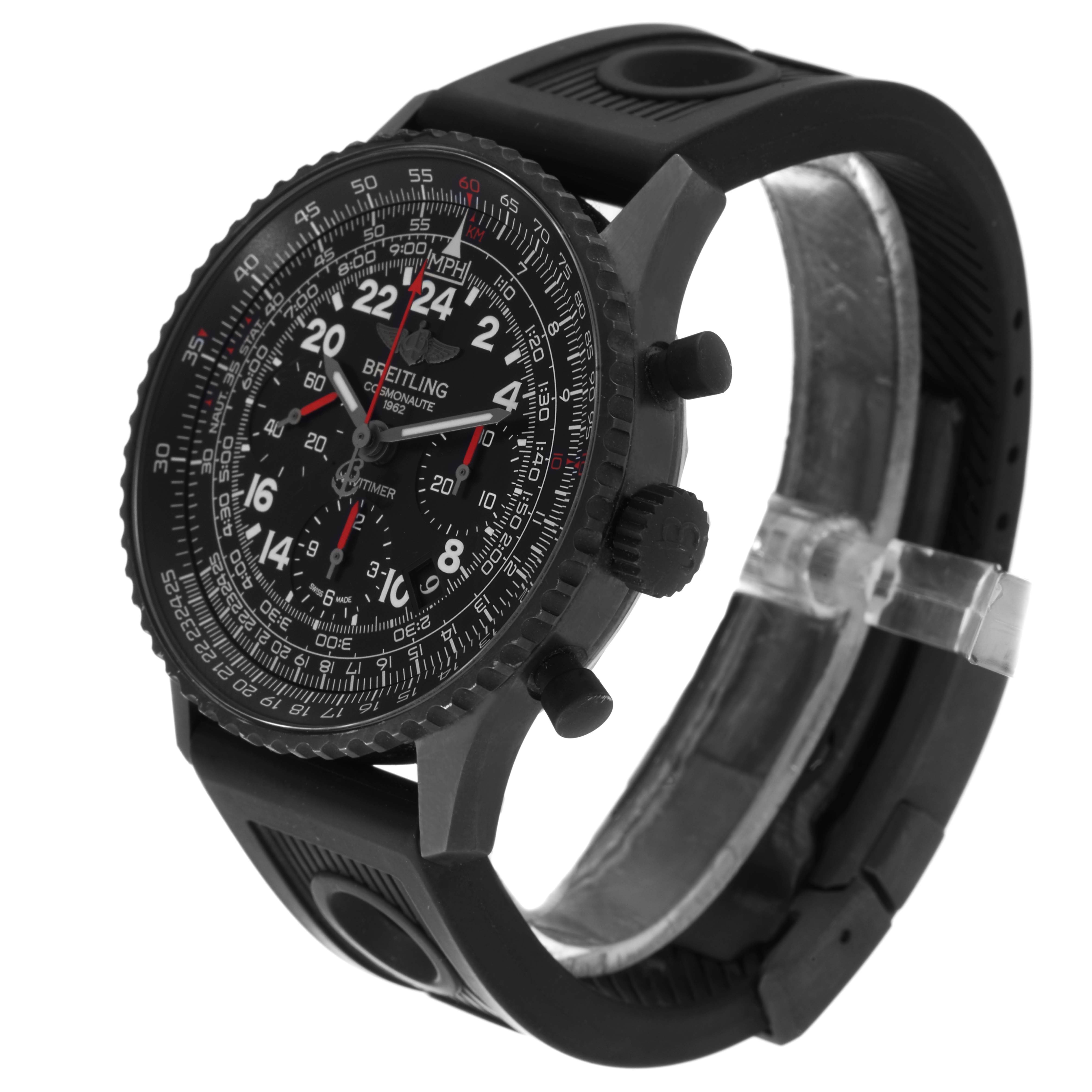 The Breitling Navitimer MB0210 Men
s Stainless Steel Black Dial MB0210 Men
s Stainless Steel Black Dial watch is shown at a three-quarter angle, displaying the face, case, crown, and part of the strap.