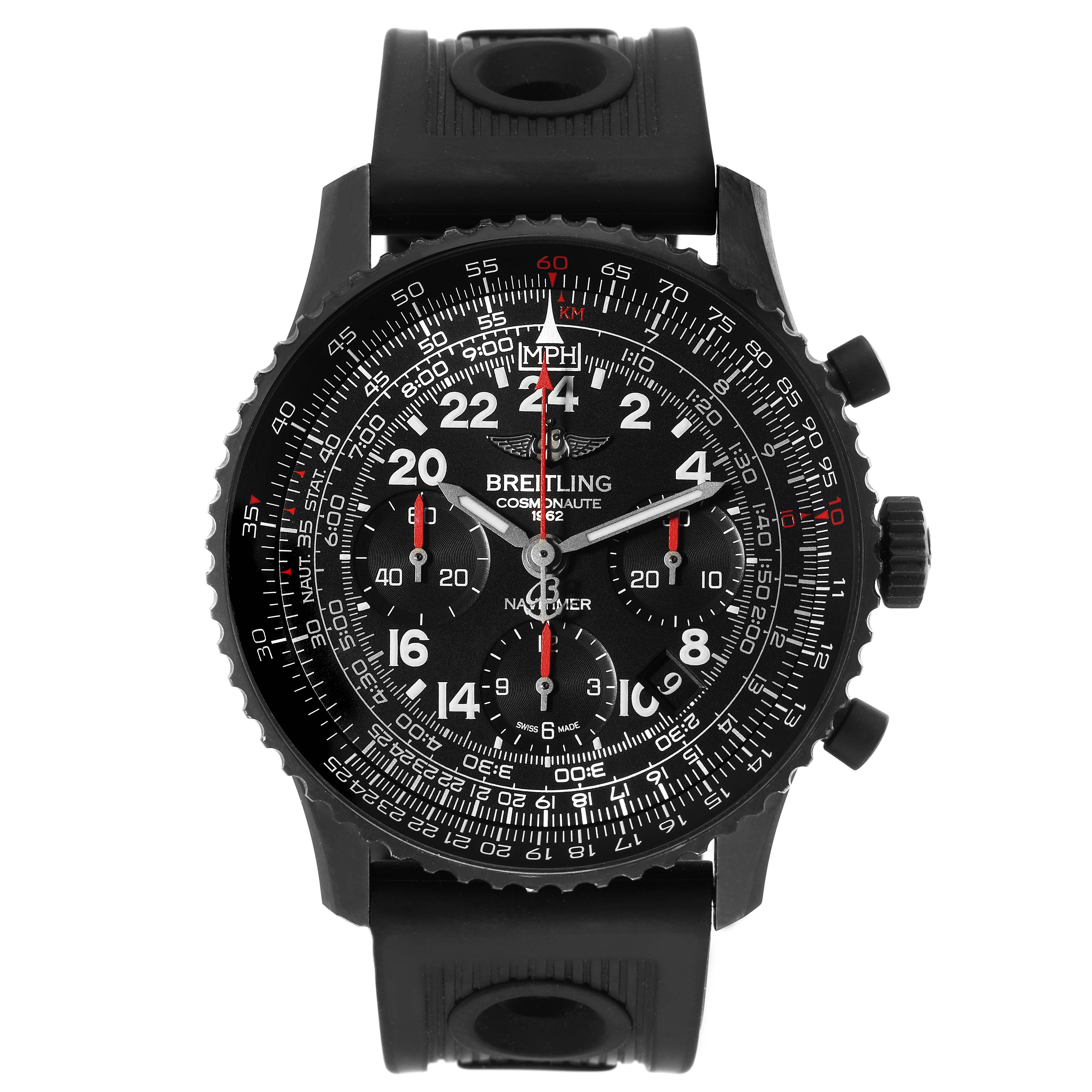 This image shows a front view of a Breitling Navitimer MB0210 Men
s Stainless Steel Black Dial MB0210 Men
s Stainless Steel Black Dial watch, displaying the detailed dial and black strap.