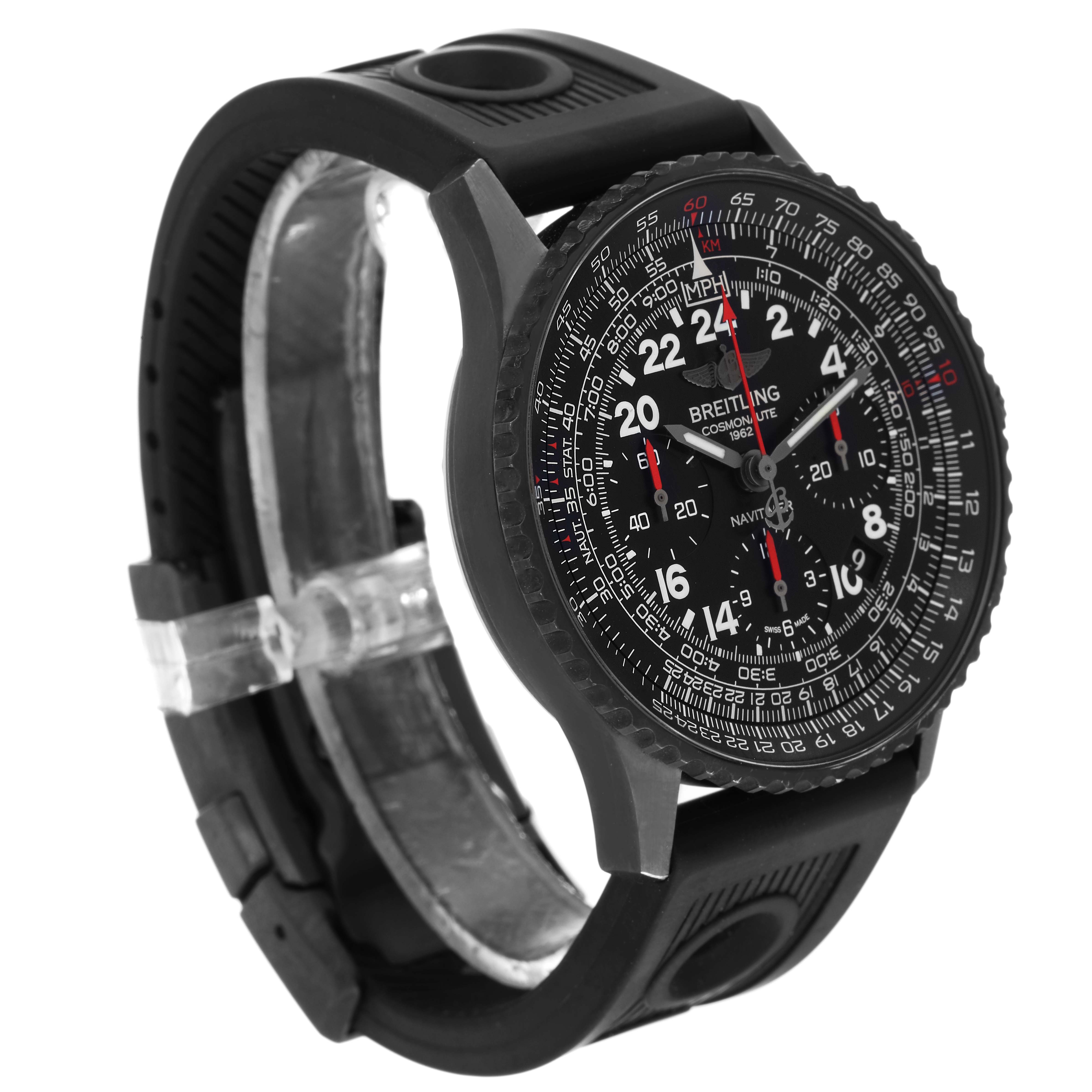 This Breitling Navitimer MB0210 Men
s Stainless Steel Black Dial MB0210 Men
s Stainless Steel Black Dial watch is shown from a front angle, highlighting its dial, bezel, and black rubber strap.