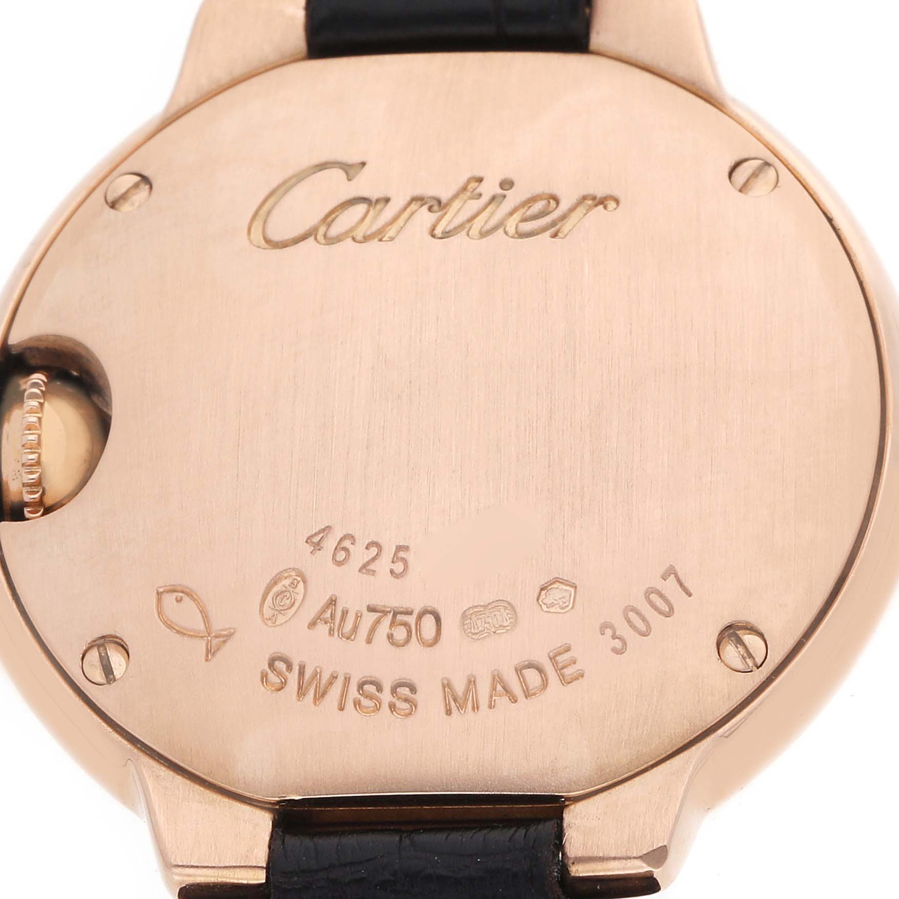 The image shows the back of a Cartier Ballon Bleu W6900256 Women's Rose Gold Silver Dial watch, highlighting the case, engravings, and strap attachment.