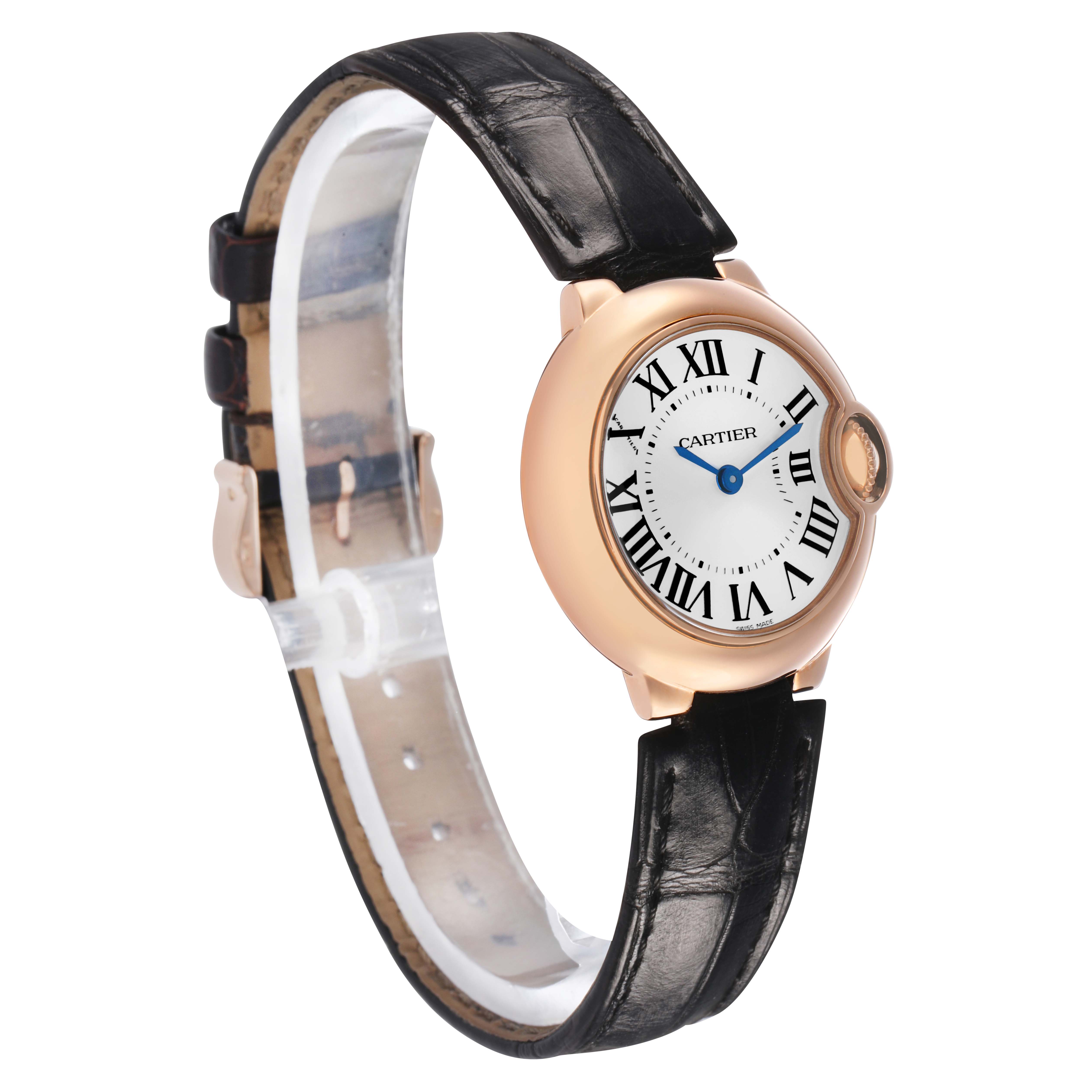 The Cartier Ballon Bleu W6900256 Women's Rose Gold Silver Dial watch is shown at a side angle, highlighting its round face, Roman numerals, and black leather strap.