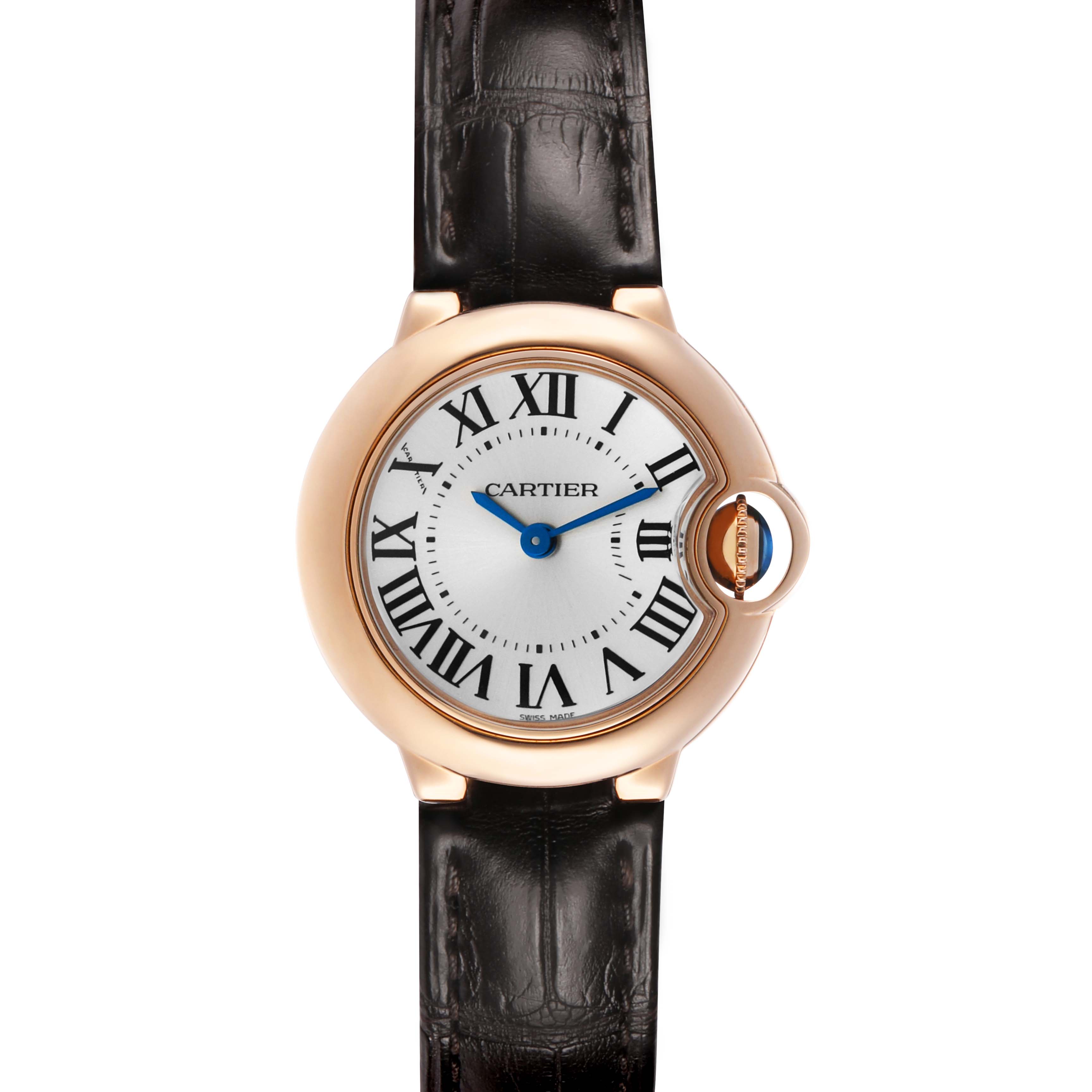 The Cartier Ballon Bleu W6900256 Women's Rose Gold Silver Dial watch is shown from the front, displaying its dial, Roman numerals, blue hands, and leather strap.