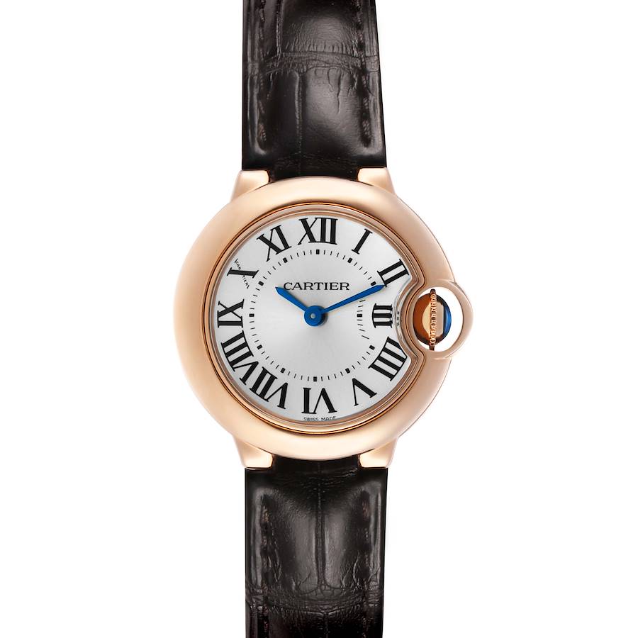 The Cartier Ballon Bleu W6900256 Women's Rose Gold Silver Dial watch is shown from the front, displaying its dial, Roman numerals, blue hands, and leather strap.