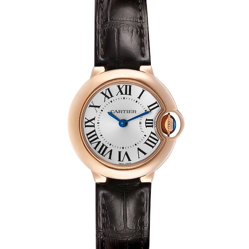 The Cartier Ballon Bleu W6900256 Women's Rose Gold Silver Dial watch is shown in a front view, displaying the dial, Roman numerals, and the strap's top section.
