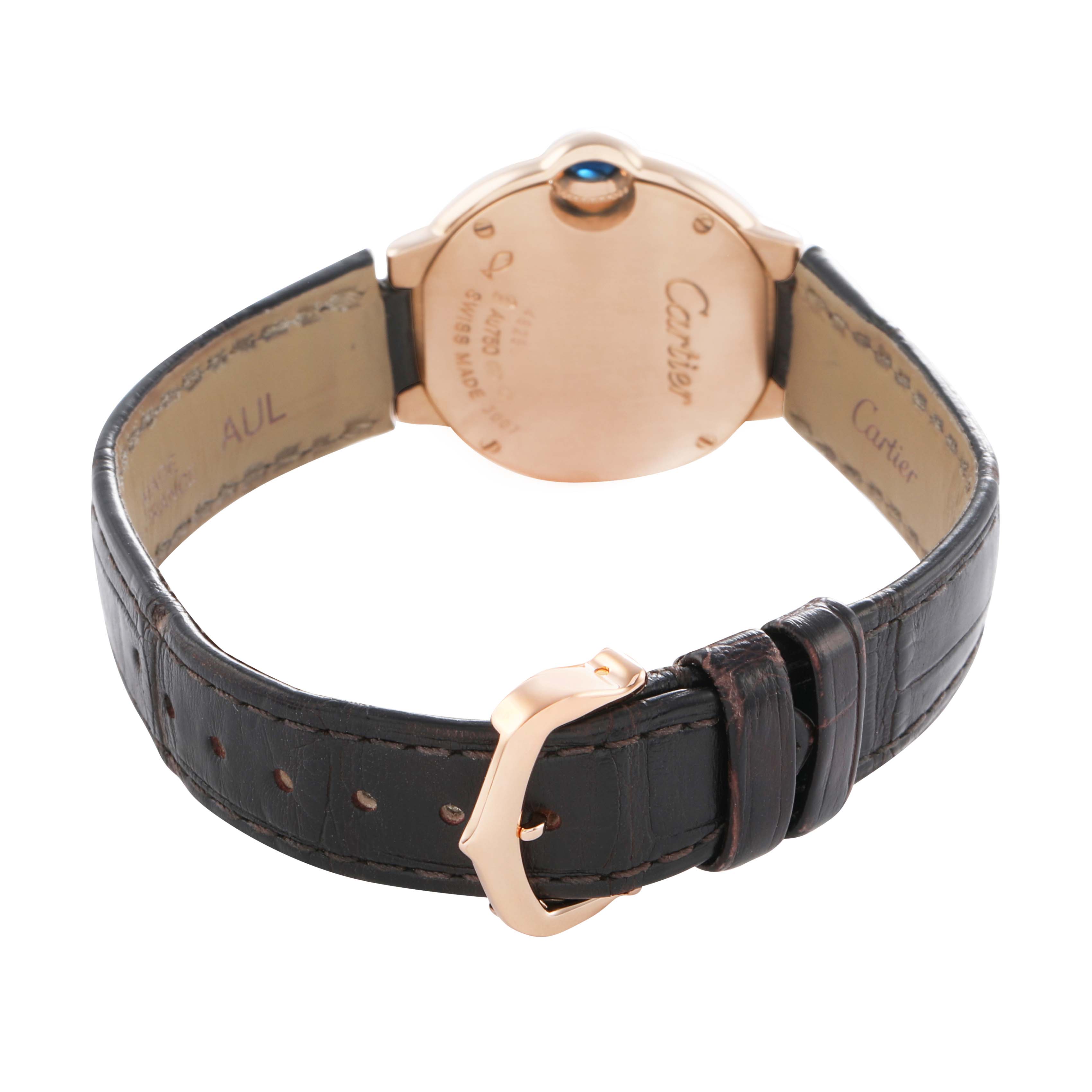 The image shows the back of a Cartier Ballon Bleu W6900256 Women's Rose Gold Silver Dial watch, highlighting its case back, leather strap, and clasp.