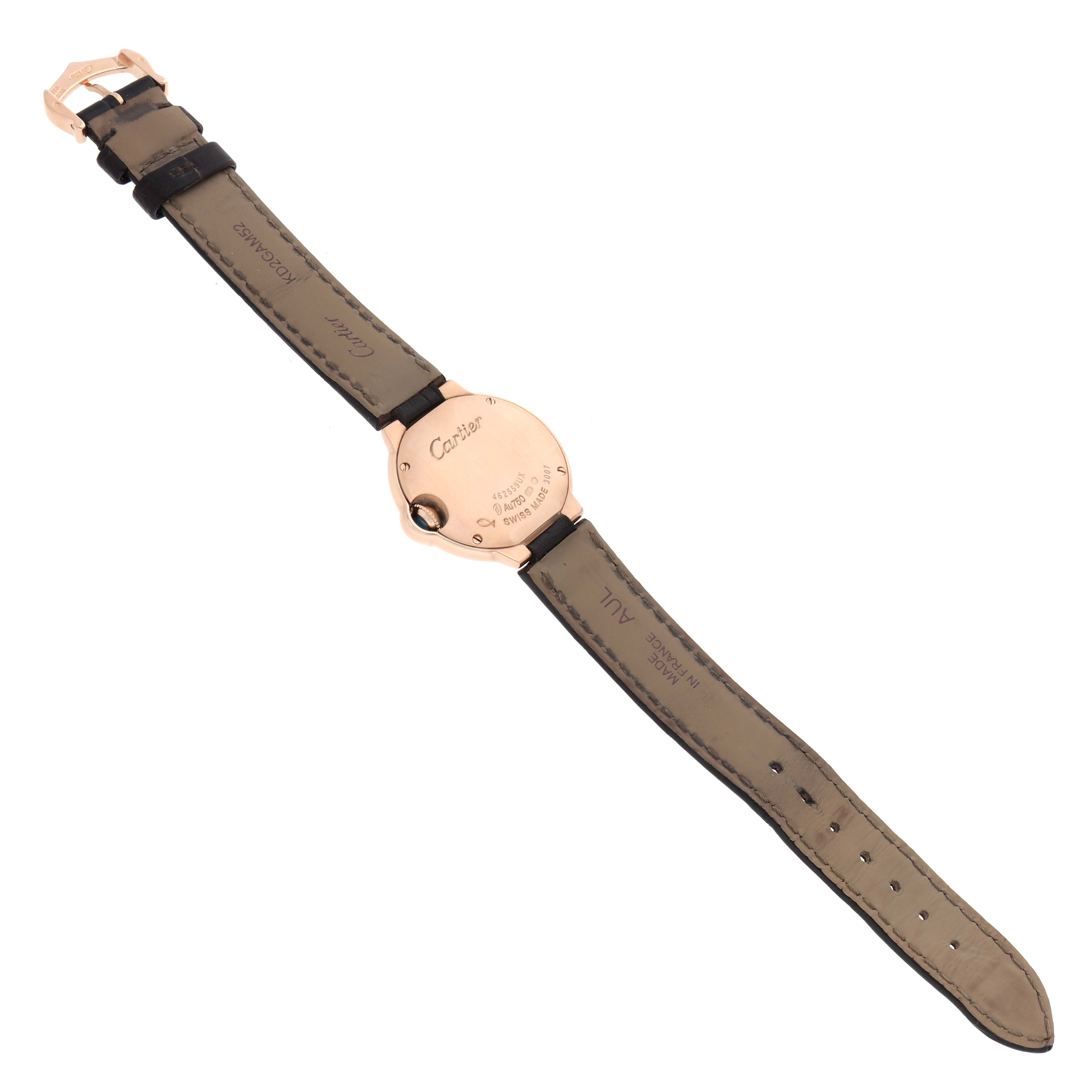 The image shows the back of a Cartier Ballon Bleu W6900256 Women's Rose Gold Silver Dial watch, featuring the case back and leather straps.