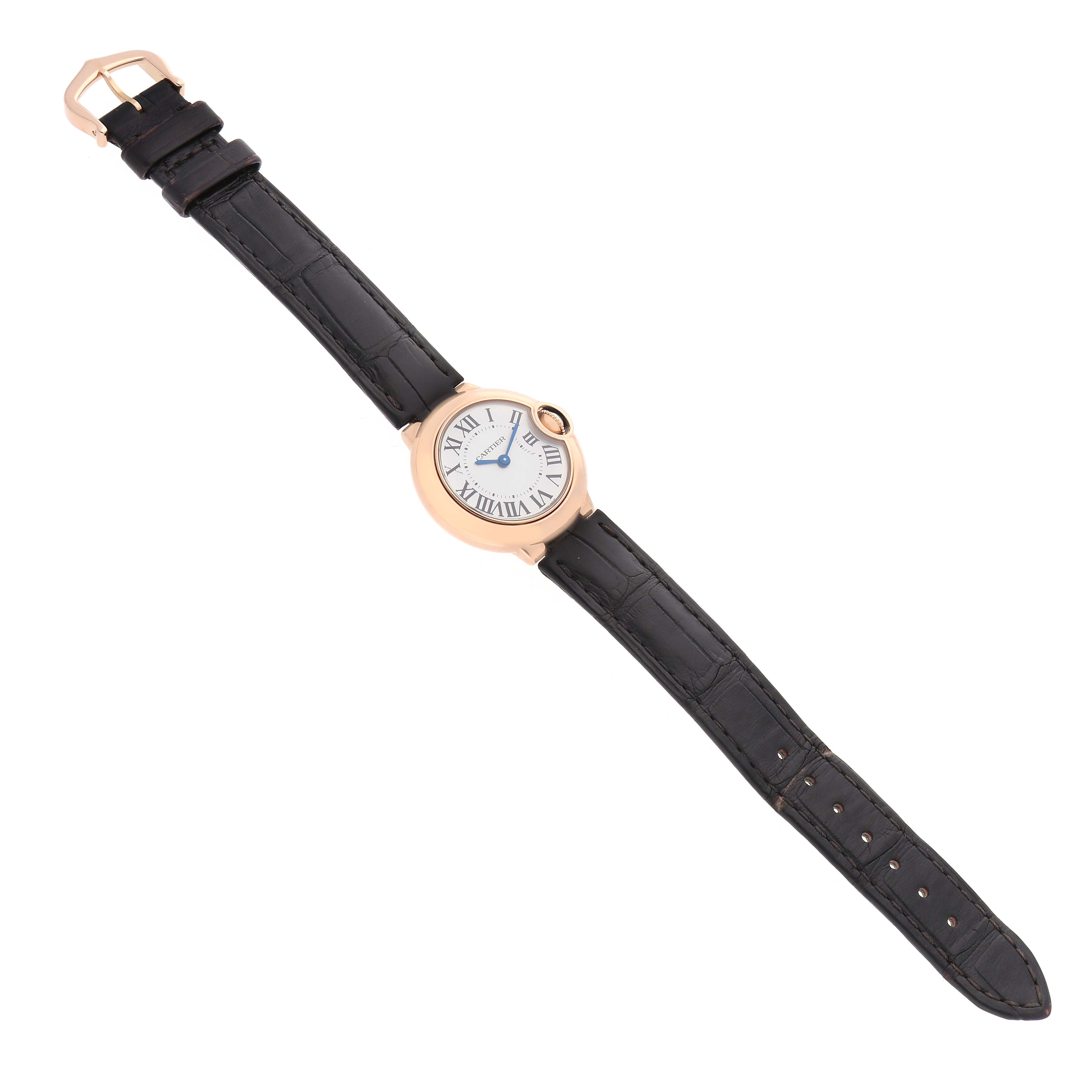 The Cartier Ballon Bleu W6900256 Women's Rose Gold Silver Dial watch is shown from a top-down angle, displaying the face, Roman numerals, and black leather strap.