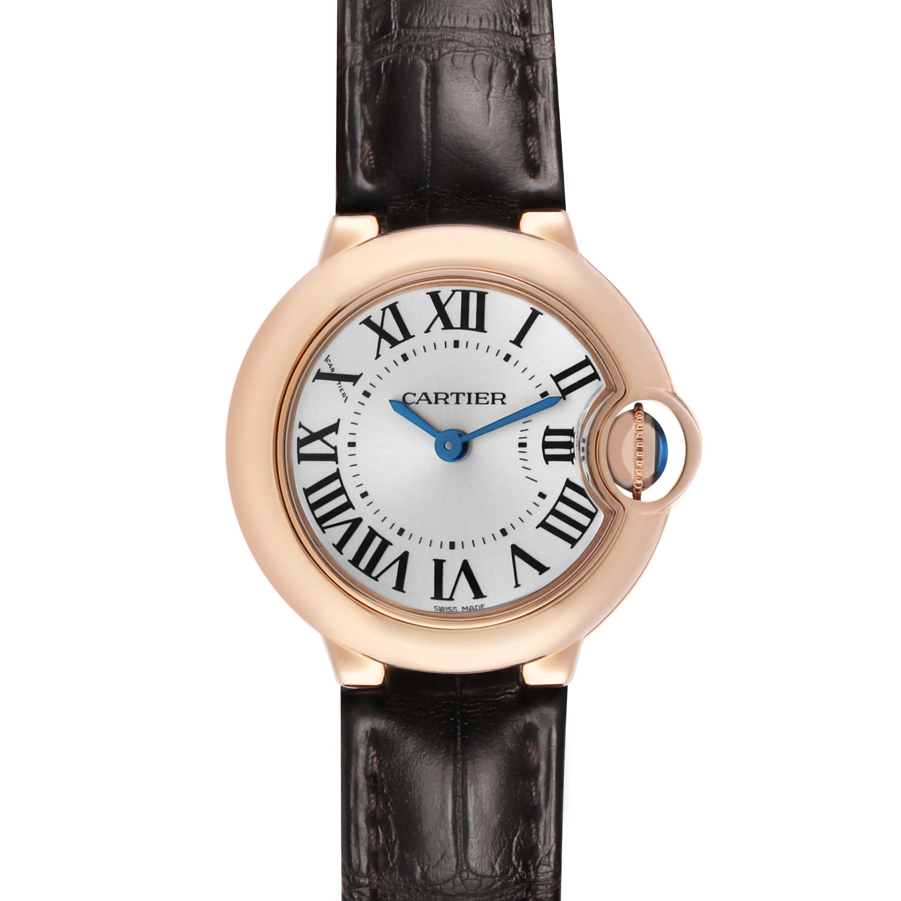 The Cartier Ballon Bleu W6900256 Women's Rose Gold Silver Dial watch is shown in a front view, highlighting the dial, roman numerals, and crown detail.