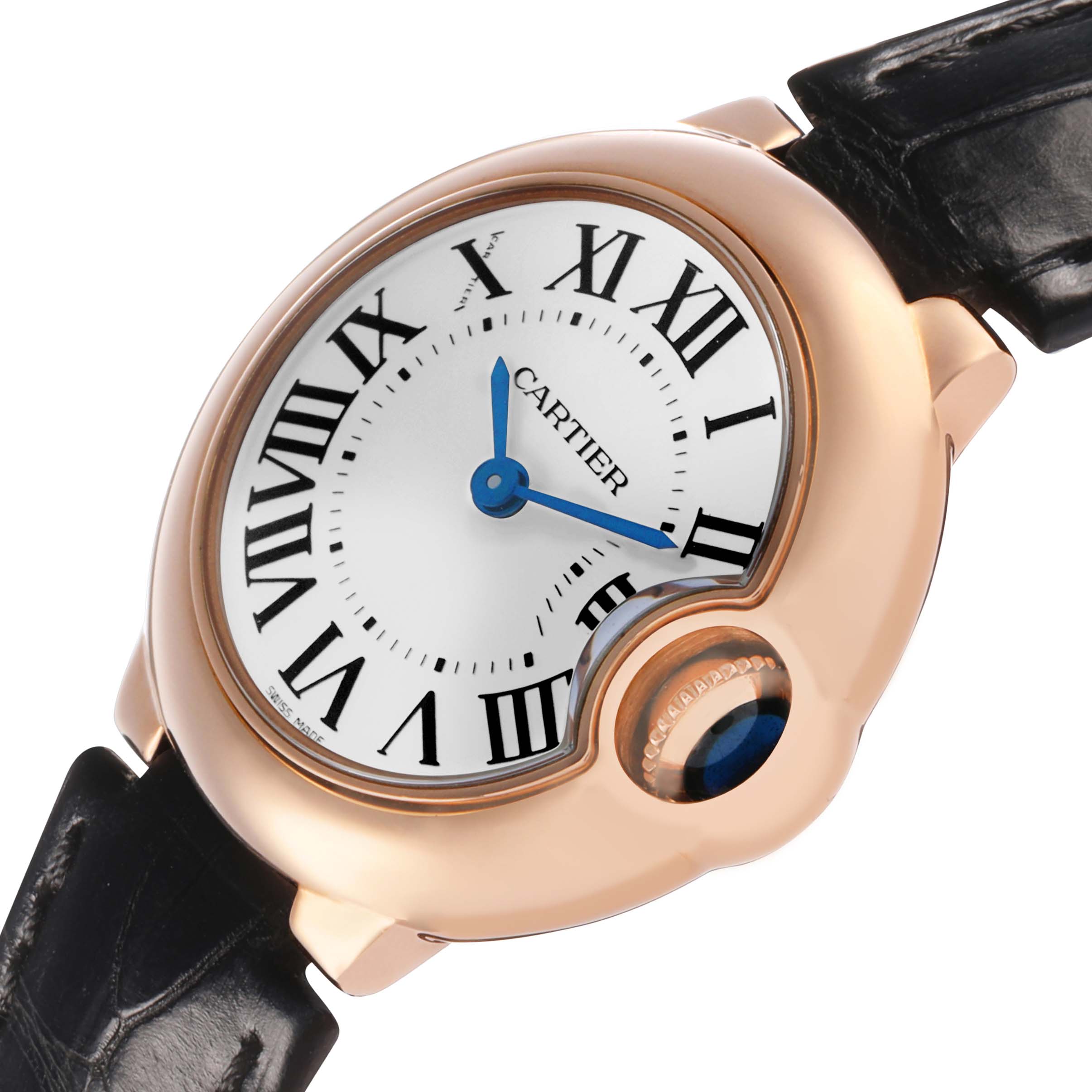 The Cartier Ballon Bleu W6900256 Women's Rose Gold Silver Dial watch is shown at an angle highlighting the face, Roman numerals, and crown with a blue sapphire.