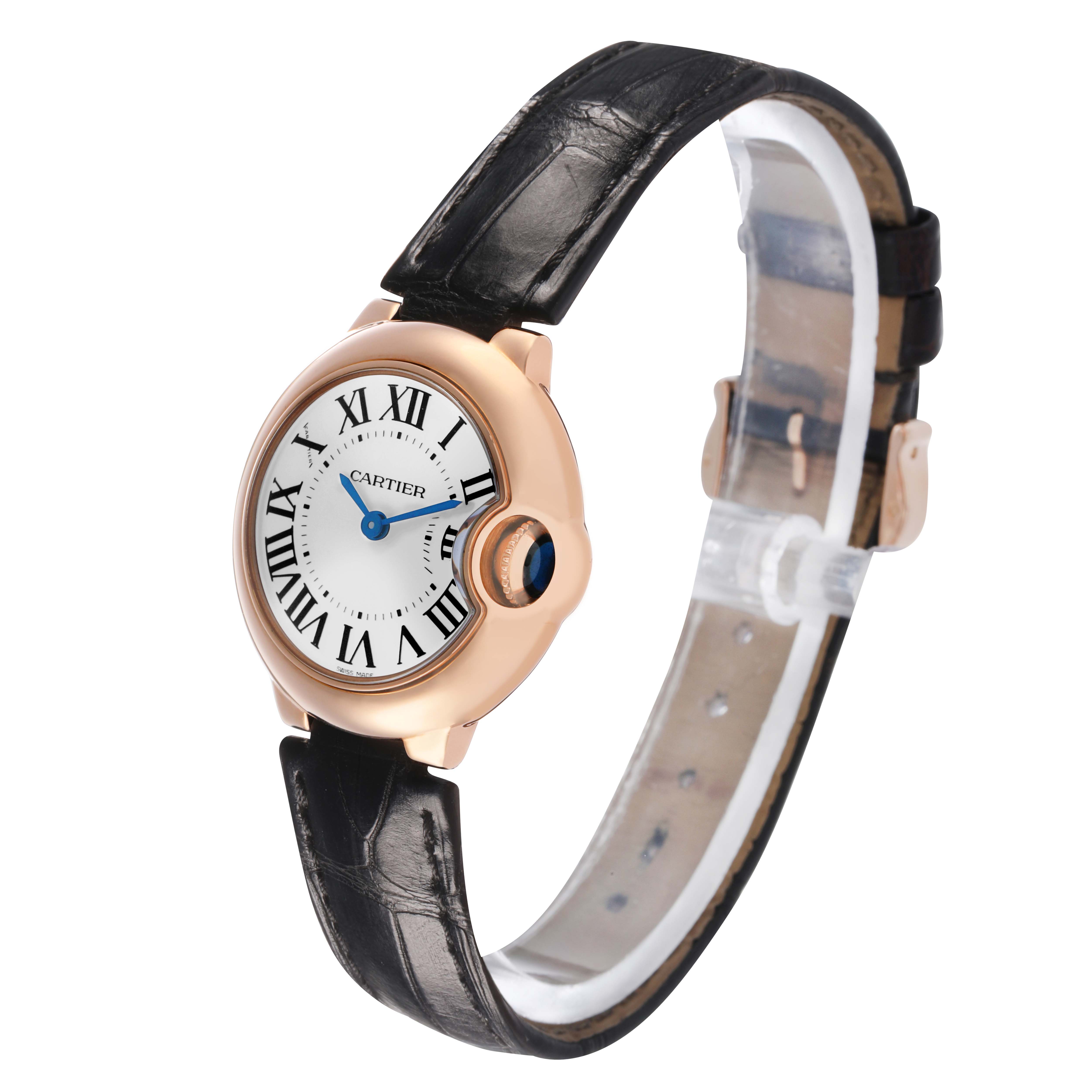 The Cartier Ballon Bleu W6900256 Women's Rose Gold Silver Dial watch is shown at a slight angle, highlighting its round face, Roman numerals, blue hands, crown, and leather strap.