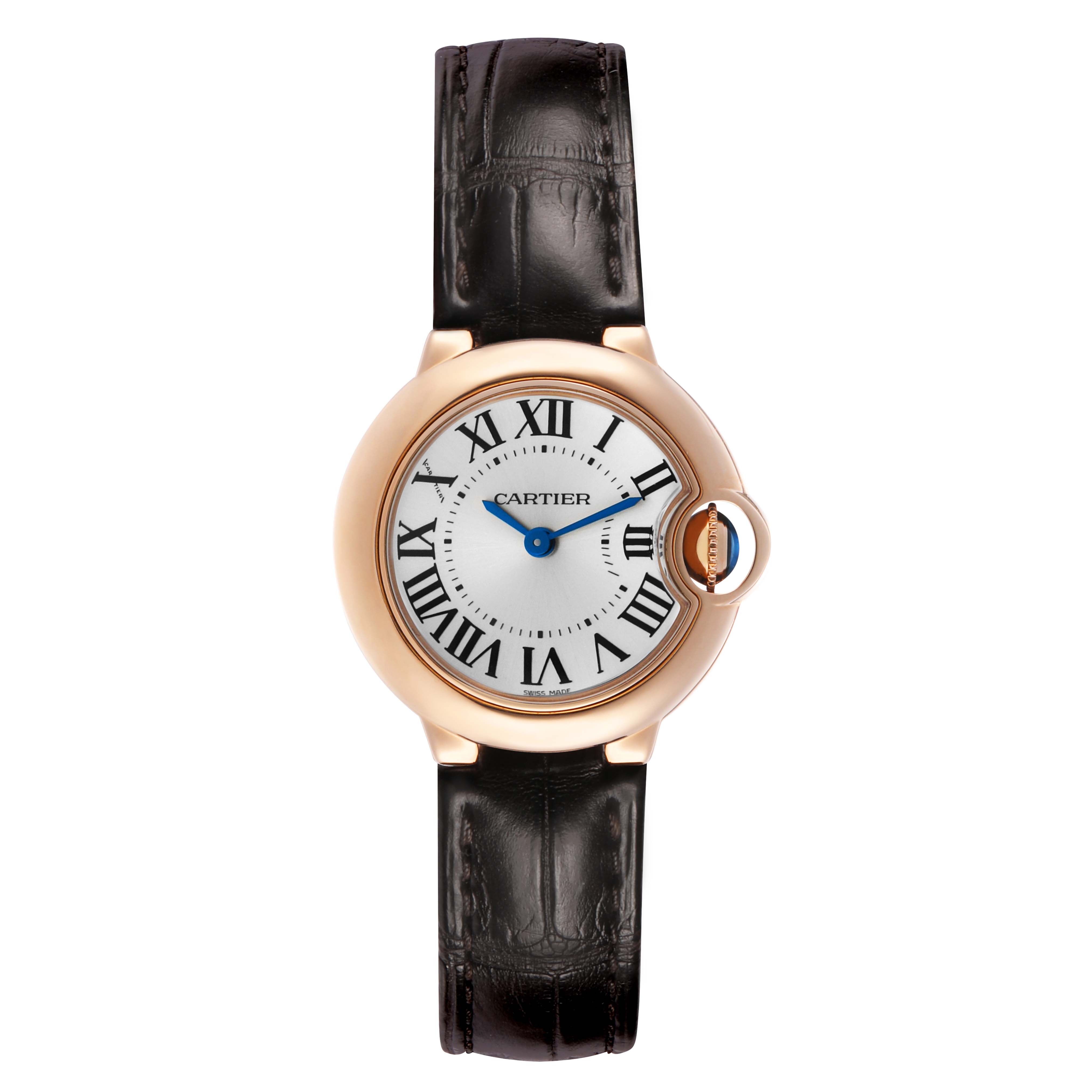 The Cartier Ballon Bleu W6900256 Women's Rose Gold Silver Dial watch is shown from a top-down angle, highlighting its face, roman numerals, and leather strap.