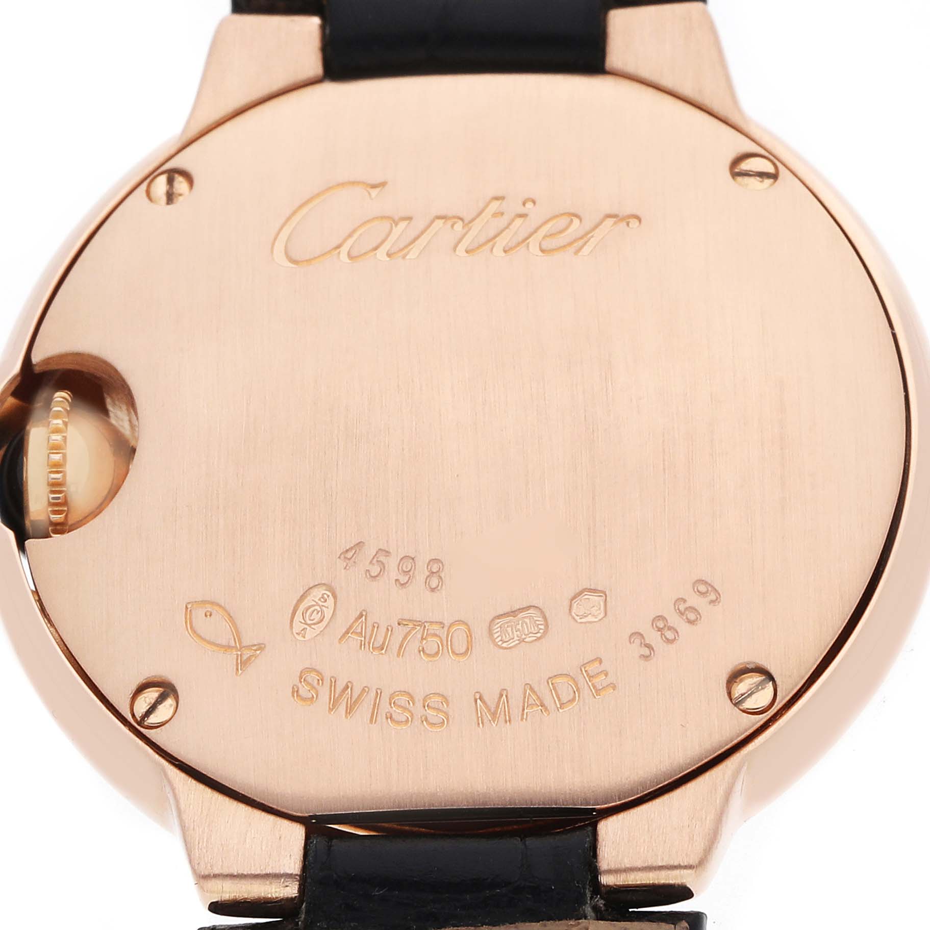 The image shows the back case of the Cartier Ballon Bleu WGBB0007 Women's Rose Gold Silver Dial watch, highlighting the engravings and serial details.