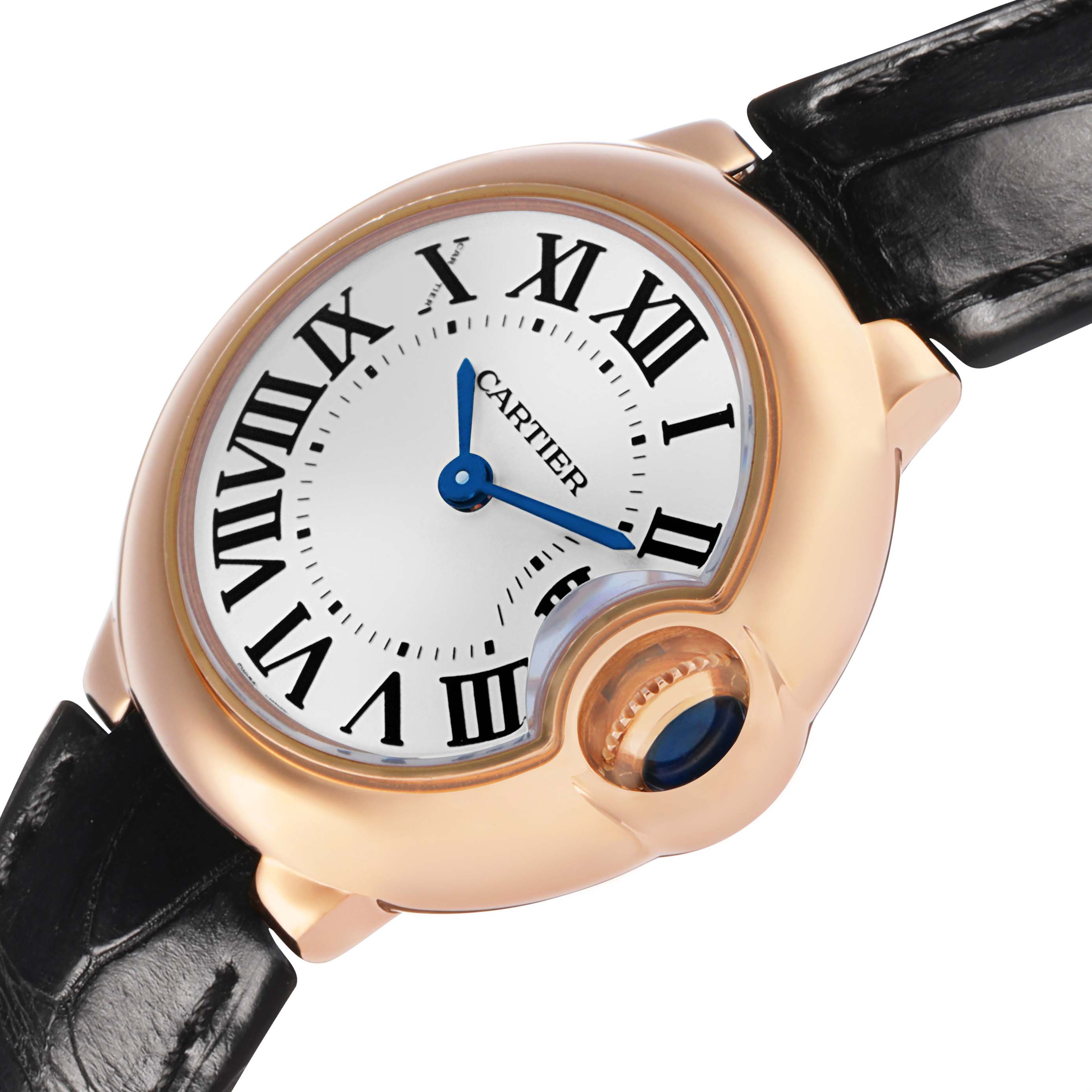 The Cartier Ballon Bleu WGBB0007 Women's Rose Gold Silver Dial watch is shown at a slight angled view, highlighting the face, crown, and leather strap.
