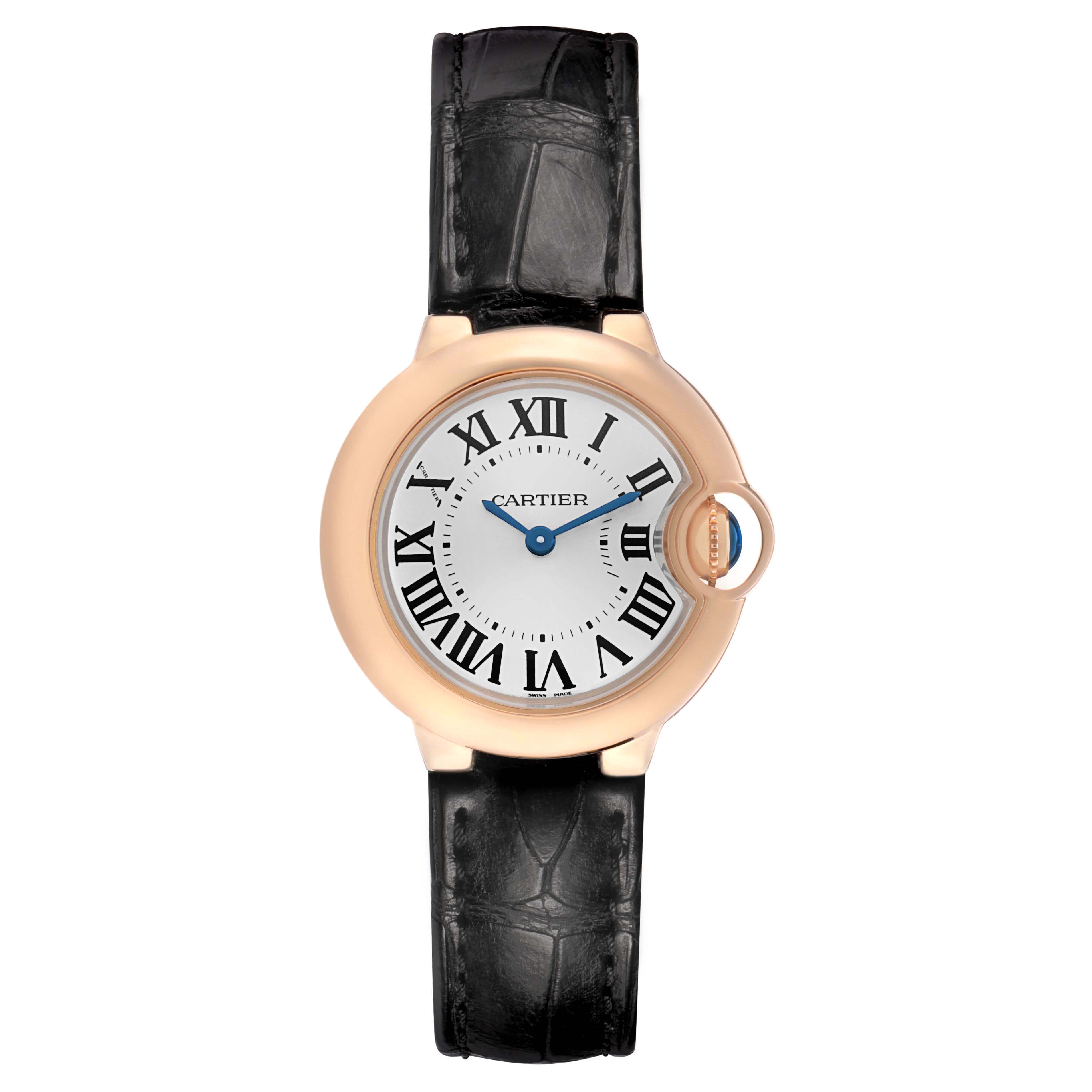 The Cartier Ballon Bleu WGBB0007 Women's Rose Gold Silver Dial watch is shown from a top-down angle, displaying its face, Roman numerals, and black leather strap.