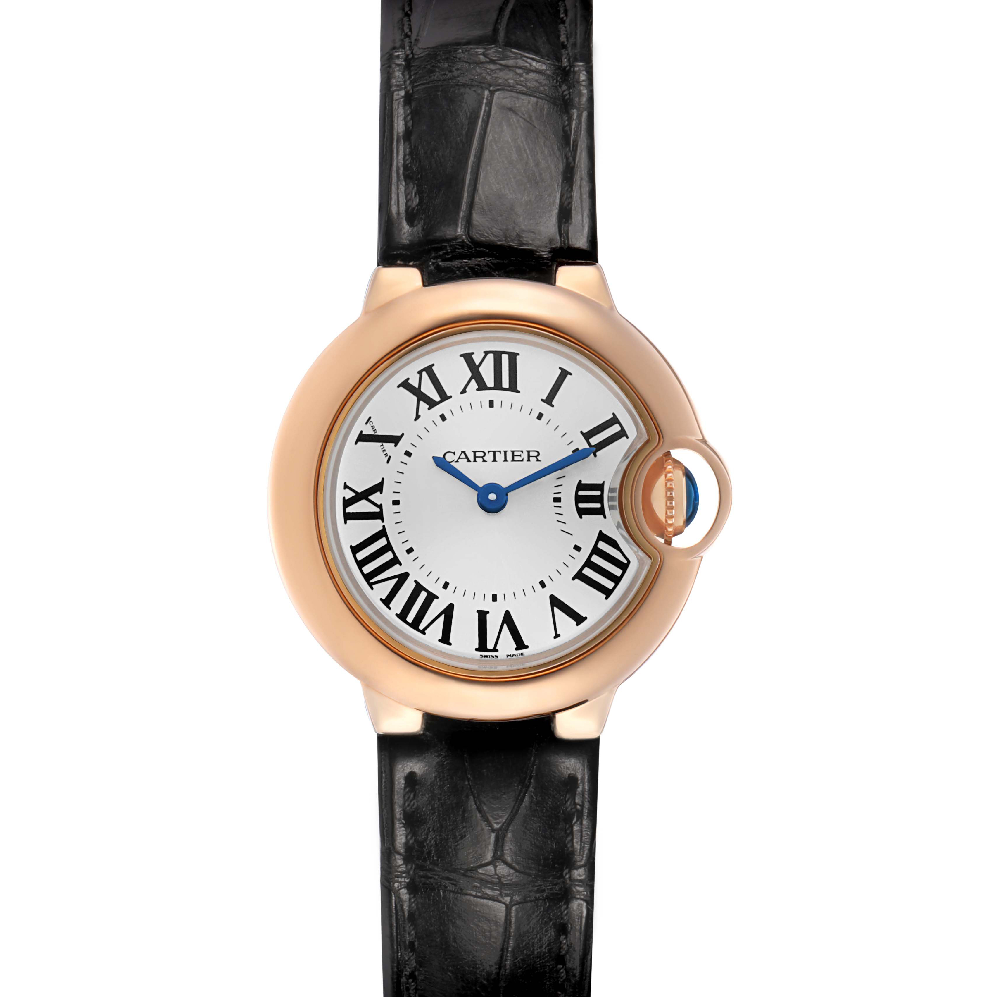 The Cartier Ballon Bleu WGBB0007 Women's Rose Gold Silver Dial watch is shown from the front, displaying its face, Roman numerals, and black leather strap.