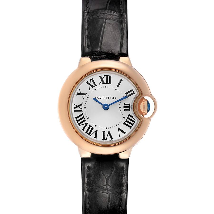 The Cartier Ballon Bleu WGBB0007 Women's Rose Gold Silver Dial watch is shown from the front, displaying its face, Roman numerals, and black leather strap.
