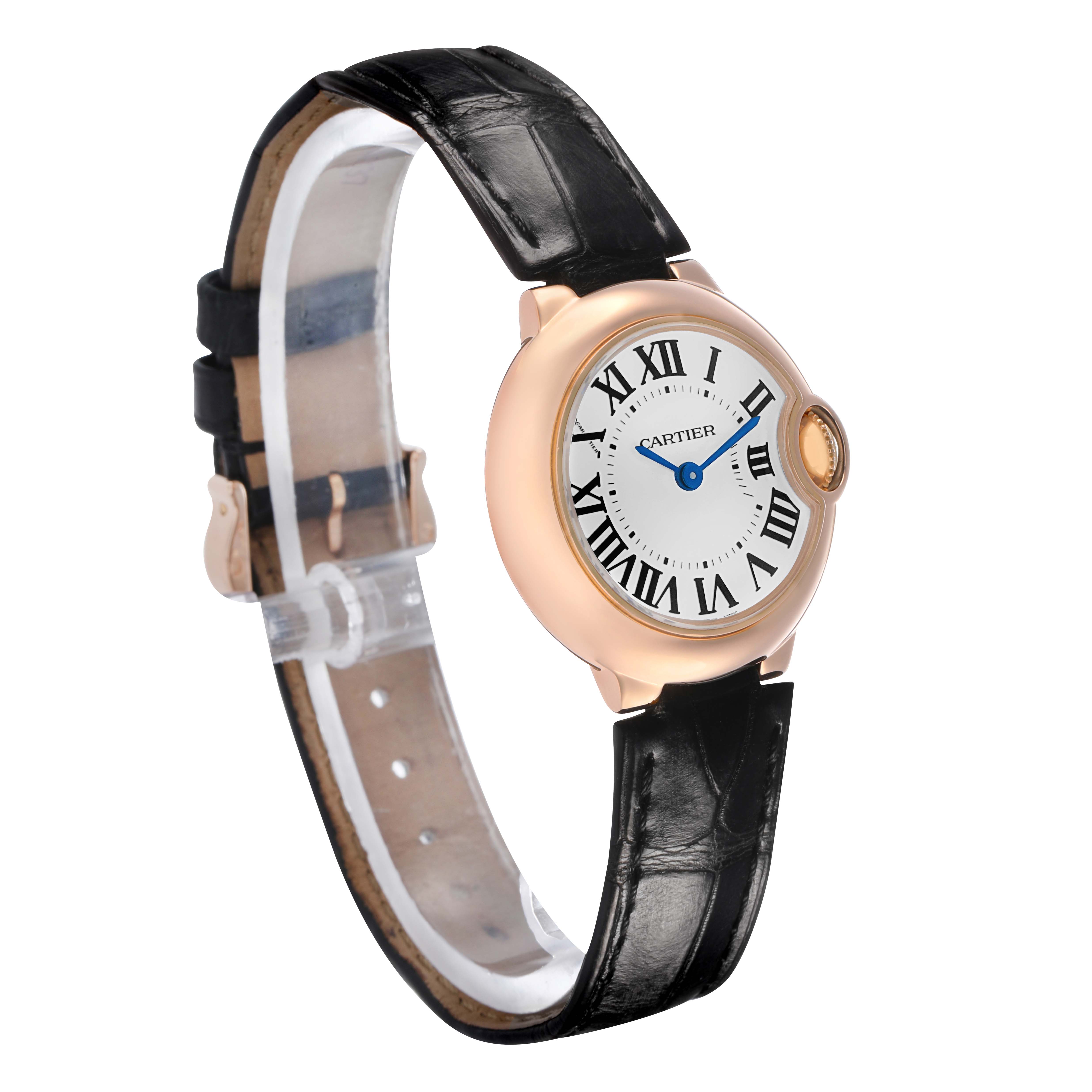 The Cartier Ballon Bleu WGBB0007 Women's Rose Gold Silver Dial watch is shown at an angled side view, displaying the dial, crown, and leather strap.