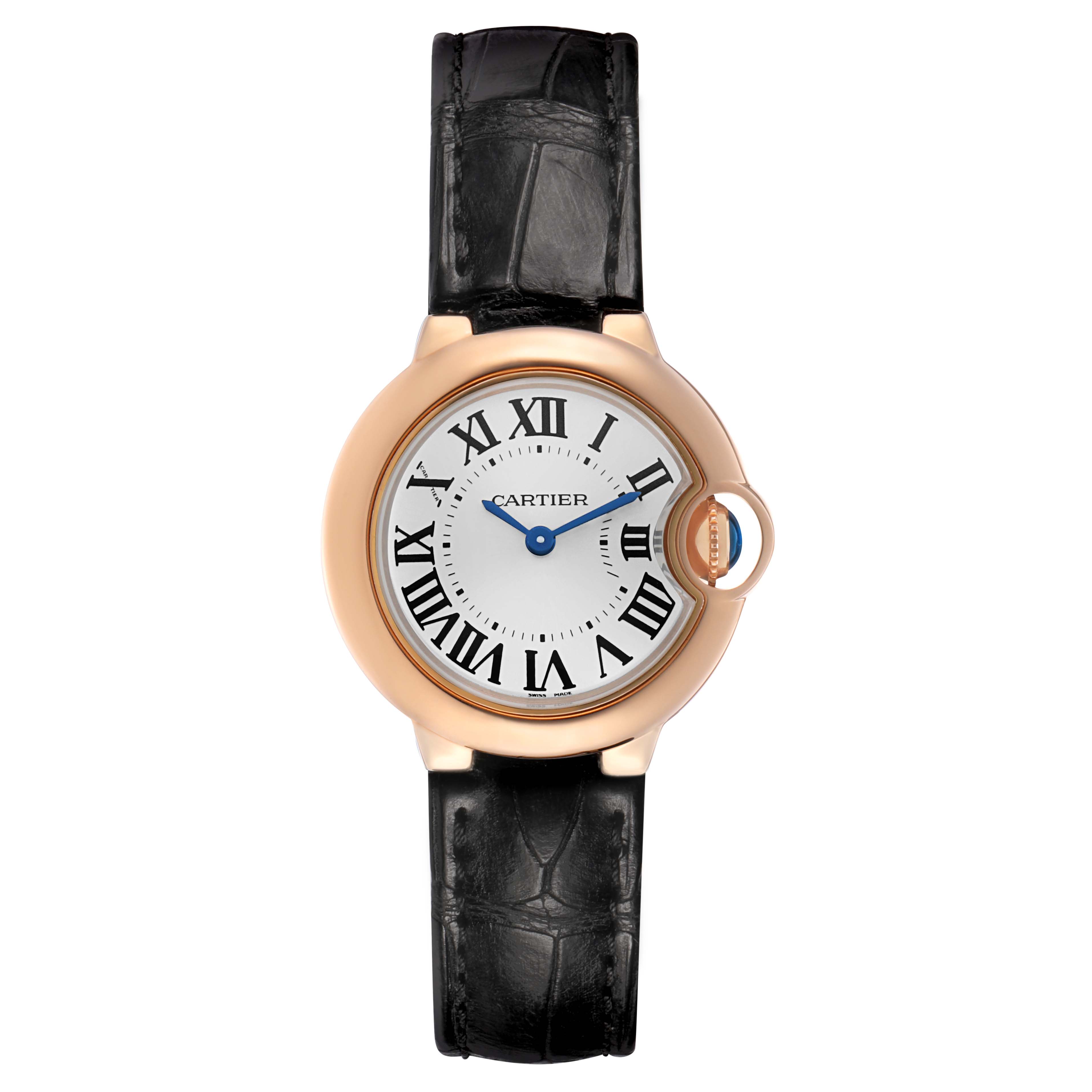 The Cartier Ballon Bleu WGBB0007 Women's Rose Gold Silver Dial watch is shown from a top view, featuring its face, Roman numerals, and black leather strap.
