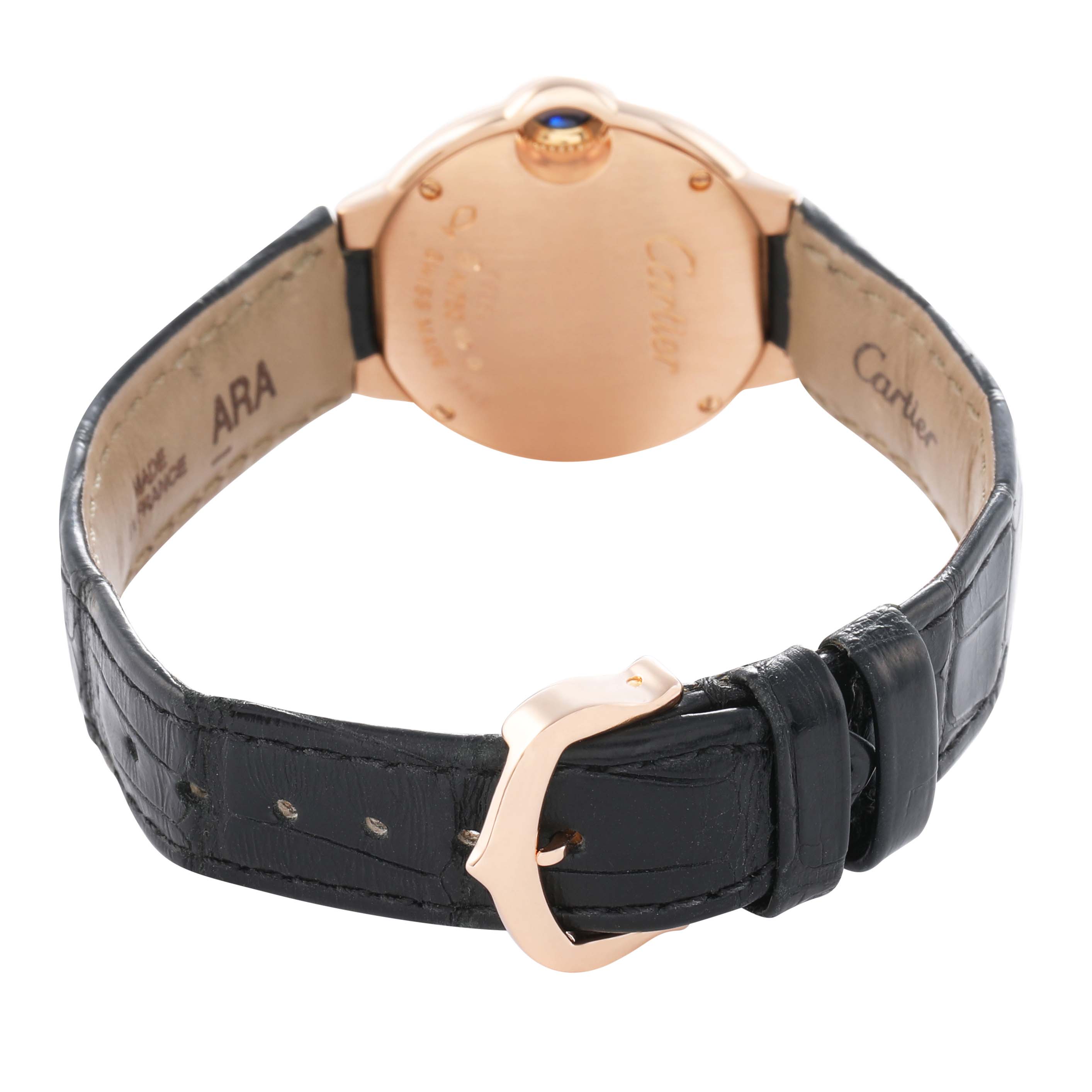 The image shows the back of a Cartier Ballon Bleu WGBB0007 Women's Rose Gold Silver Dial watch, highlighting the strap, buckle, and case back.