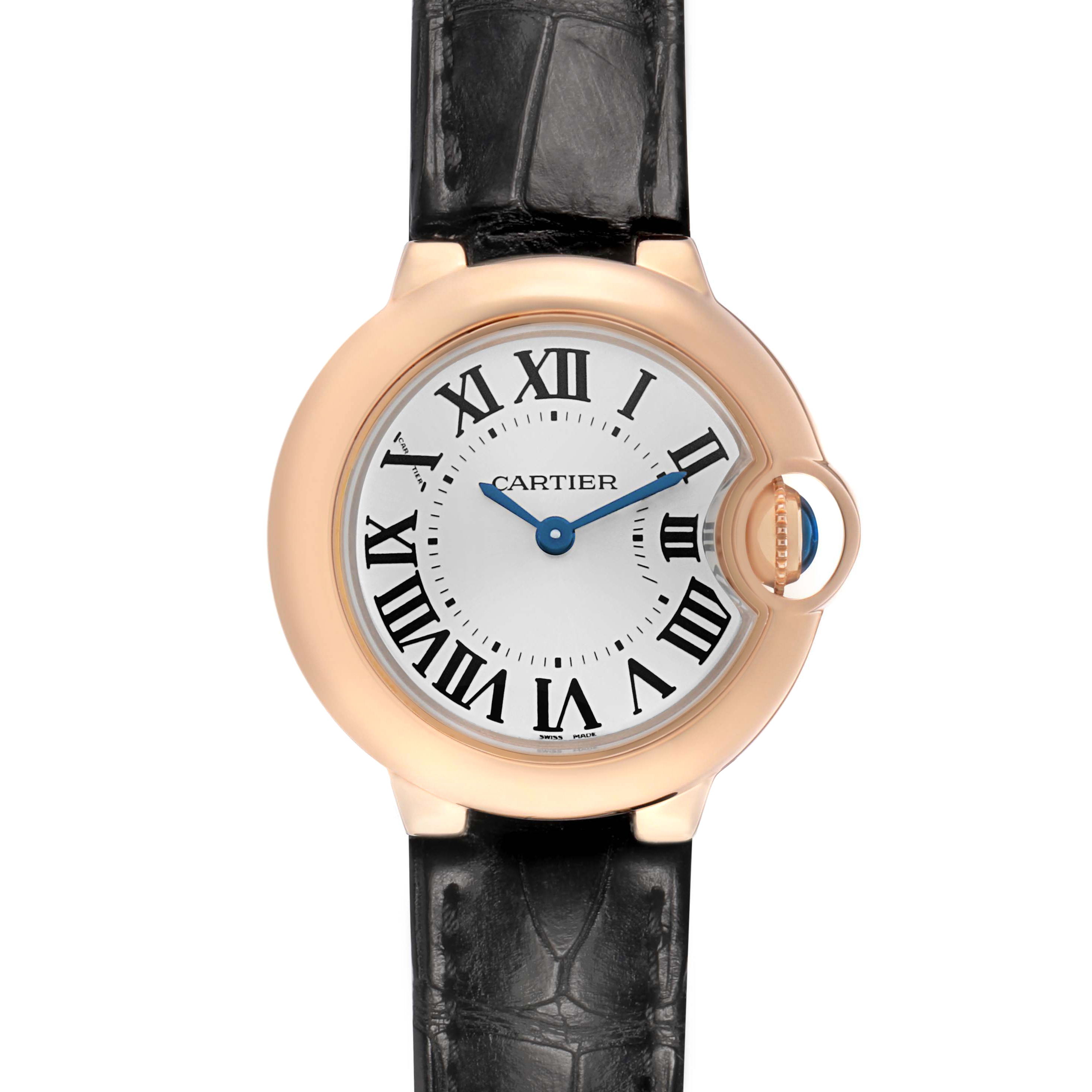 The Cartier Ballon Bleu WGBB0007 Women's Rose Gold Silver Dial watch is shown from a top view, displaying its dial, leather strap, and distinctive crown.