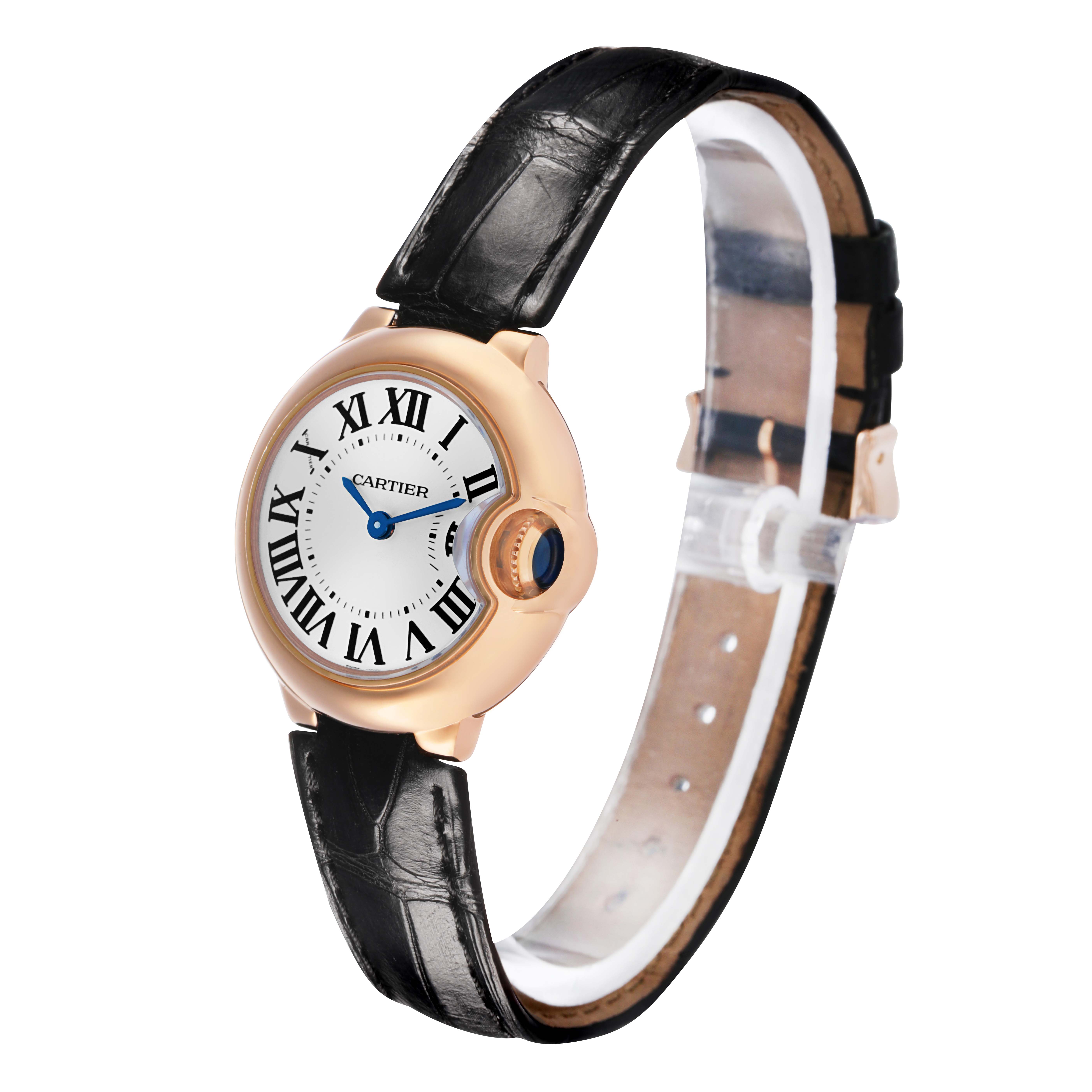 The Cartier Ballon Bleu WGBB0007 Women's Rose Gold Silver Dial watch is shown at an angled view featuring the face, bezel, crown, and leather strap.
