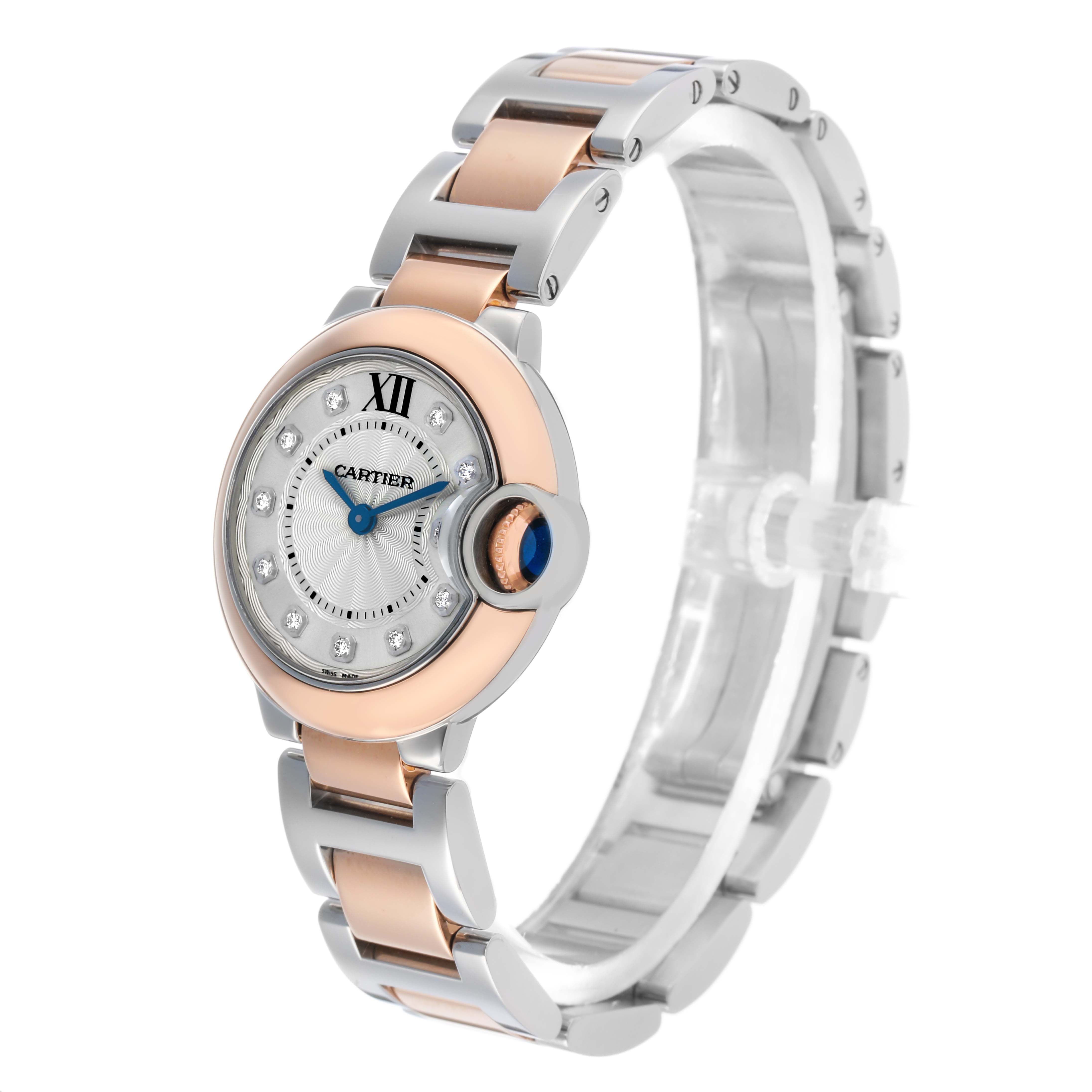 The Cartier Ballon Bleu W3BB0005 Women's Steel and Gold (two tone) Silver Dial watch is shown at a three-quarter angle, highlighting its face, bezel, and bracelet.