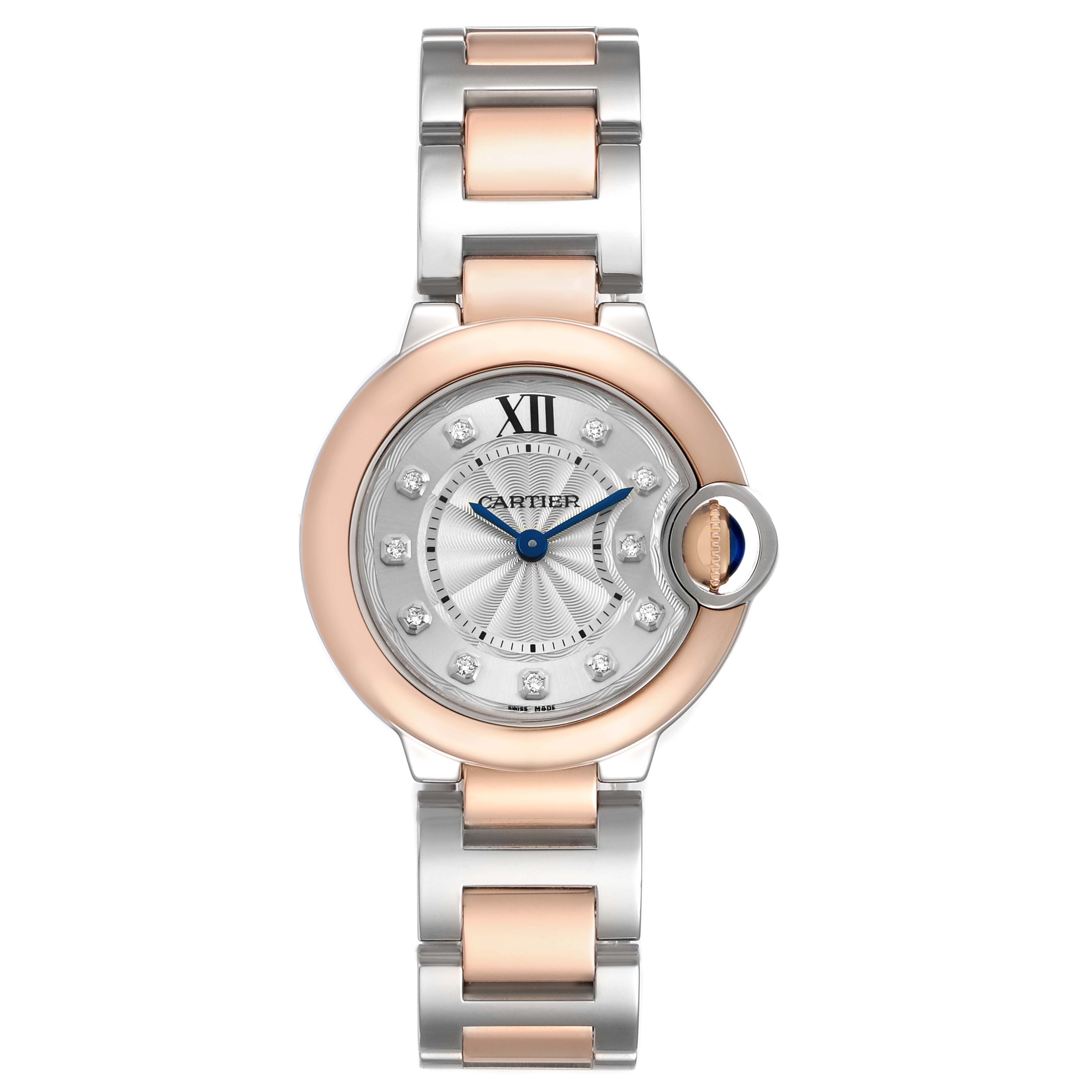 The Cartier Ballon Bleu W3BB0005 Women's Steel and Gold (two tone) Silver Dial watch is shown from a top-down angle, displaying the dial, bezel, and bracelet.
