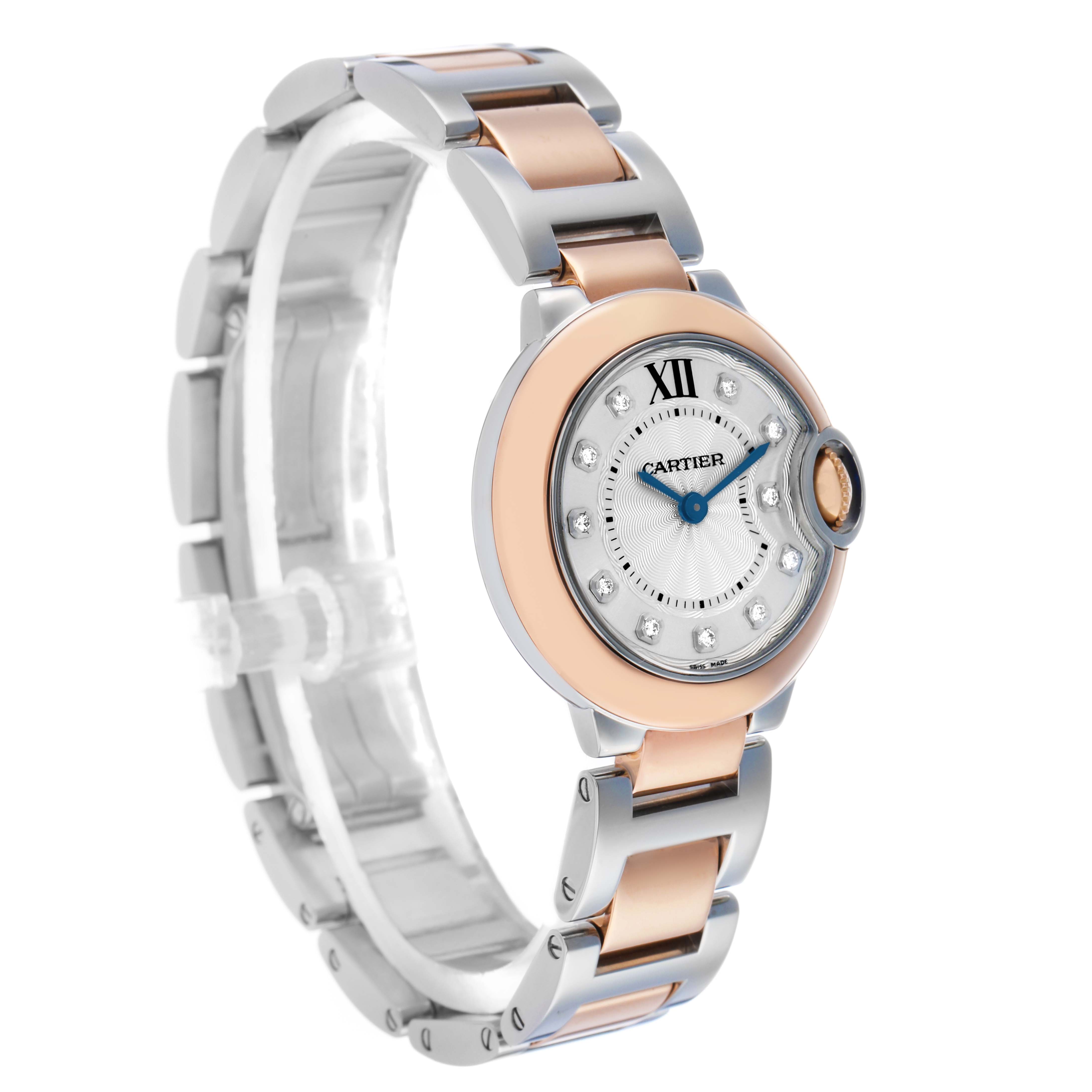 The Ballon Bleu by Cartier is shown at a slight angle, highlighting the face and part of the two-tone bracelet.