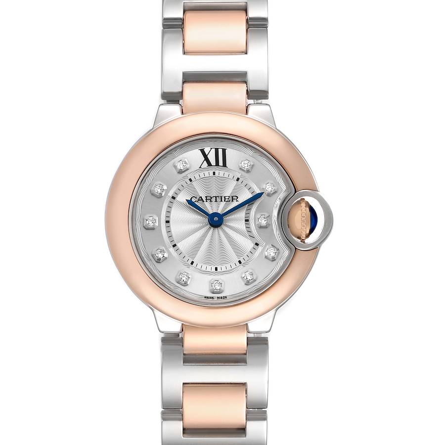 The Cartier Ballon Bleu W3BB0005 Women's Steel and Gold (two tone) Silver Dial watch is shown from a front angle, displaying the face, hands, and part of the bracelet.