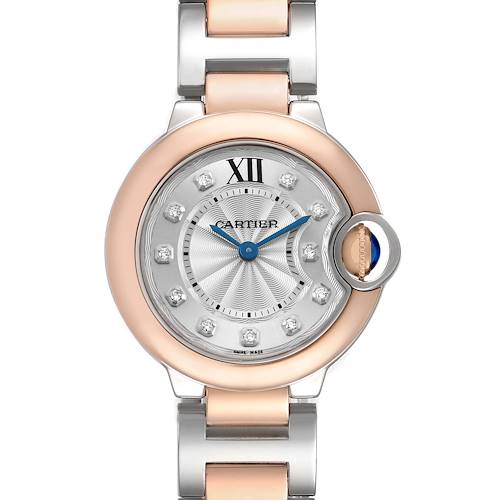The Cartier Ballon Bleu W3BB0005 Women's Steel and Gold (two tone) Silver Dial watch is shown from a top-down angle, highlighting the dial, crown, and part of the bracelet.