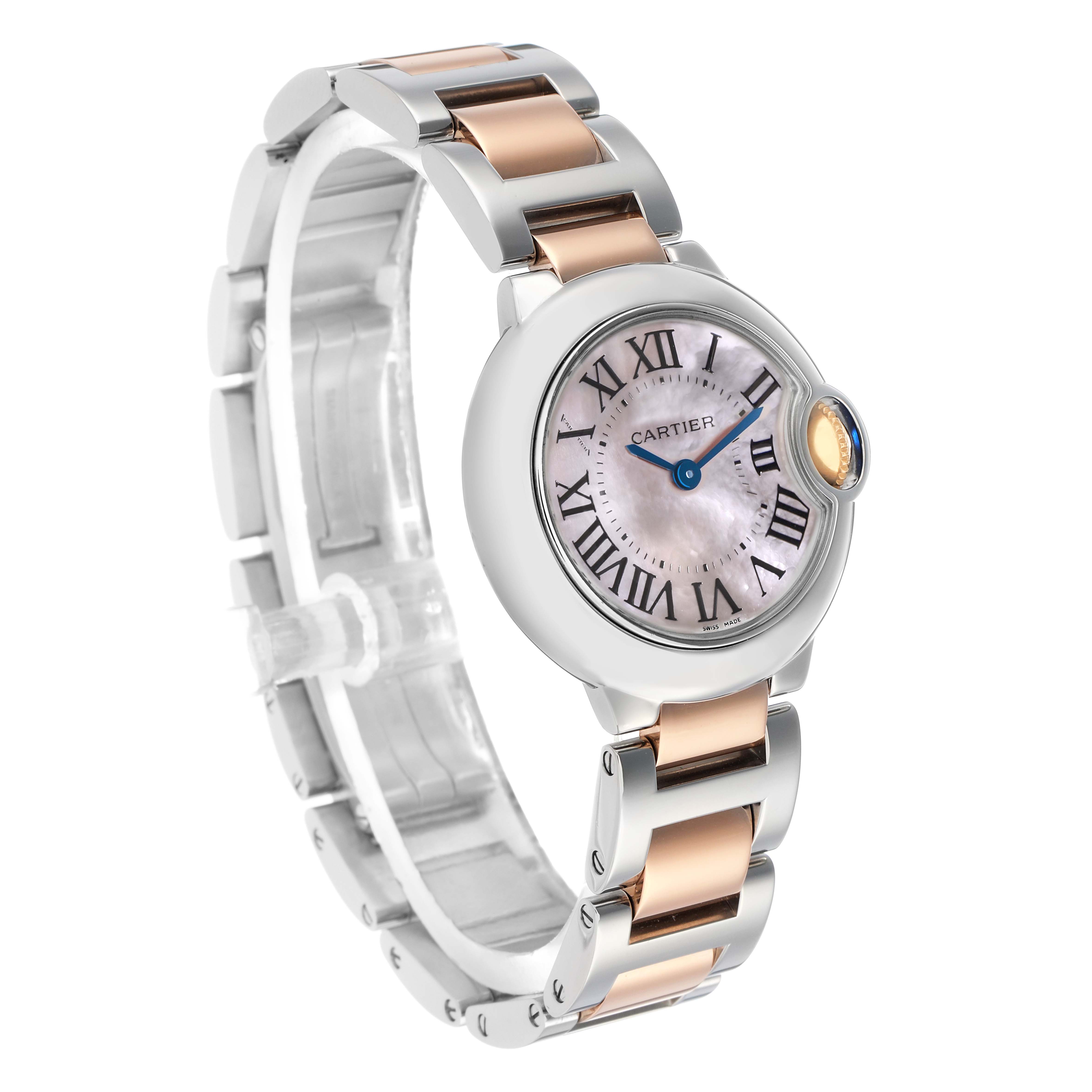 The Cartier Ballon Bleu W6920034 Women's Steel and Gold (two tone) Mother of Pearl Dial watch is shown at a three-quarter angle, highlighting the case, dial, and two-tone bracelet.