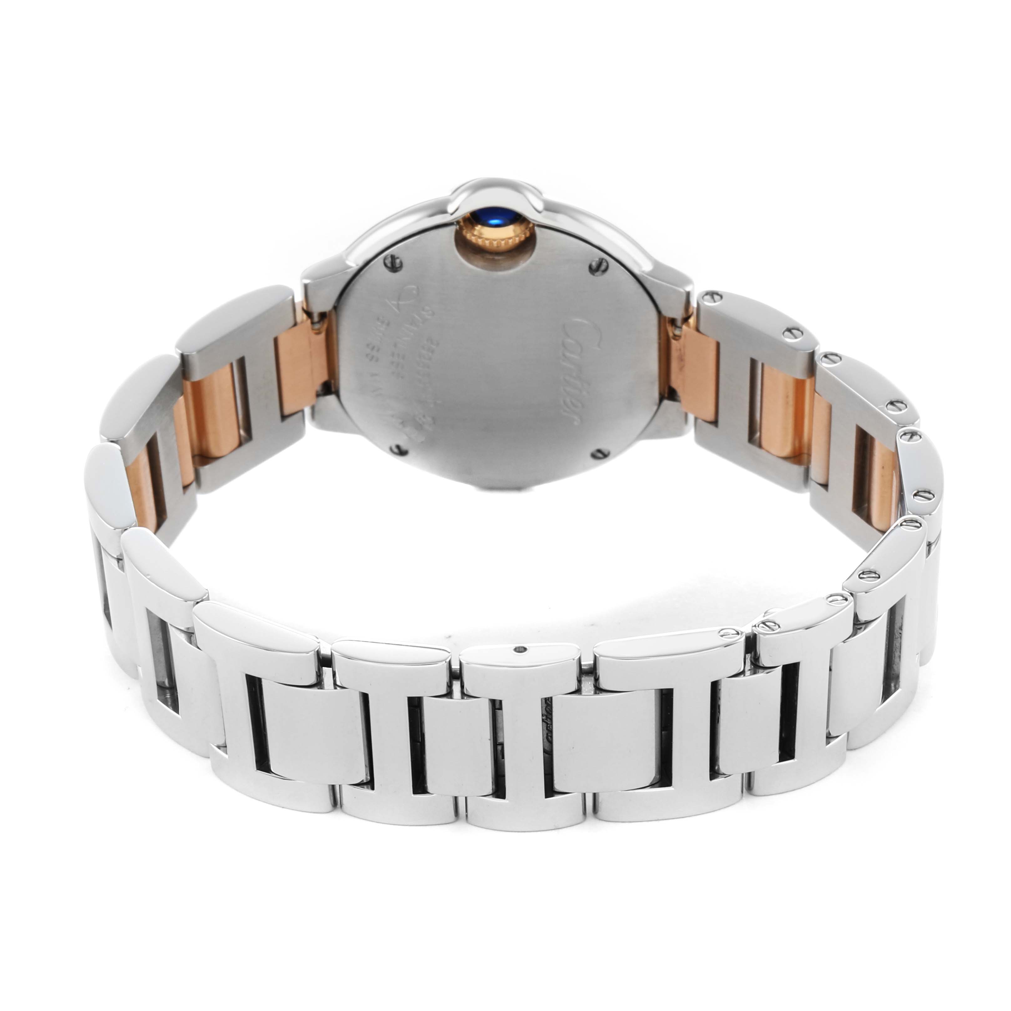 The image shows the back and bracelet of a Cartier Ballon Bleu W6920034 Women's Steel and Gold (two tone) Mother of Pearl Dial watch, highlighting its two-tone metal design.