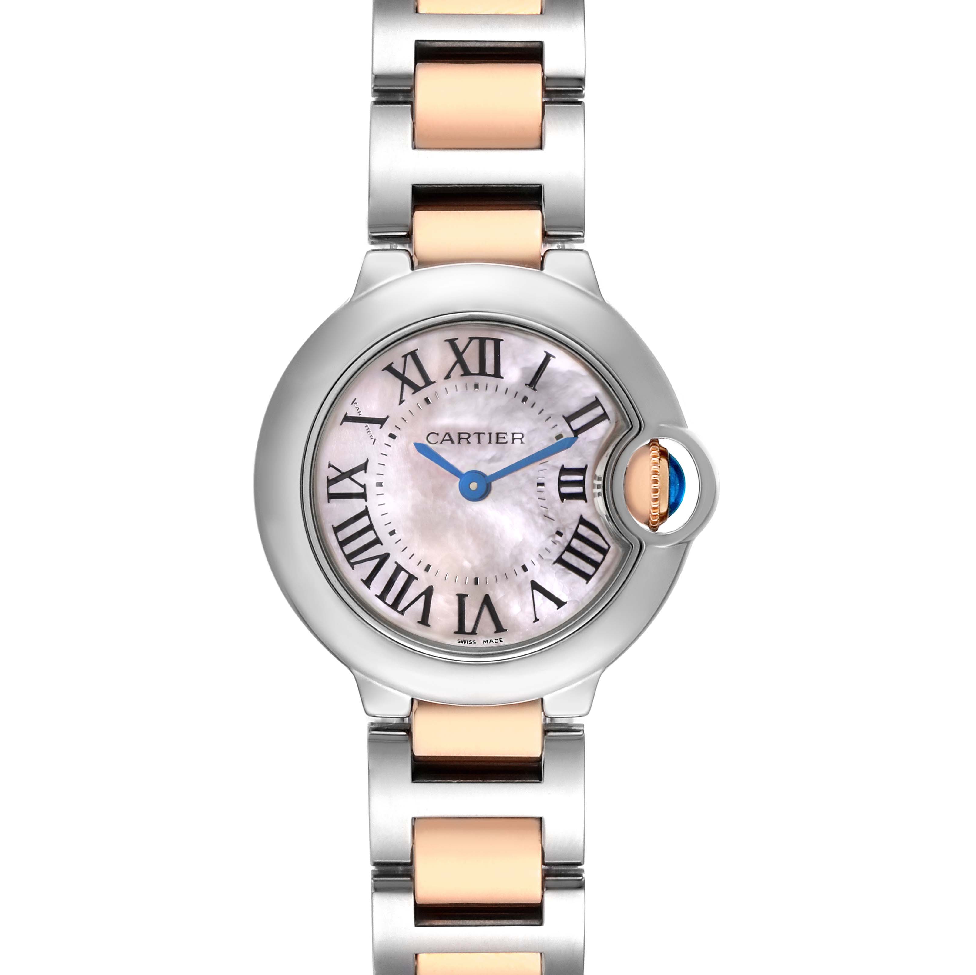 The Cartier Ballon Bleu W6920034 Women's Steel and Gold (two tone) Mother of Pearl Dial watch is shown from the front, highlighting its face, Roman numerals, and two-tone bracelet.