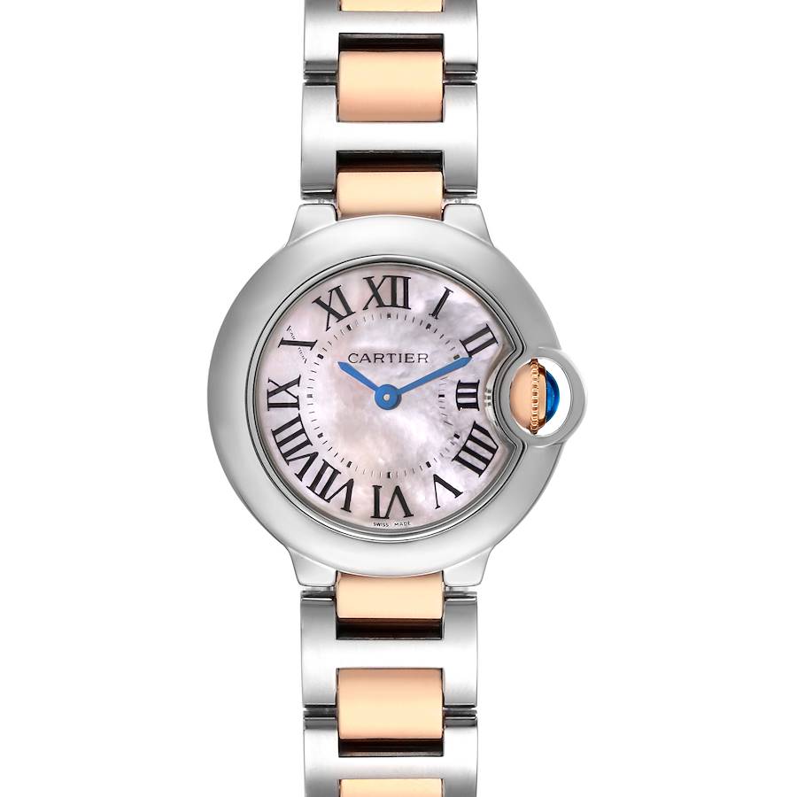 The Cartier Ballon Bleu W6920034 Women's Steel and Gold (two tone) Mother of Pearl Dial watch is shown from the front, highlighting its face, Roman numerals, and two-tone bracelet.
