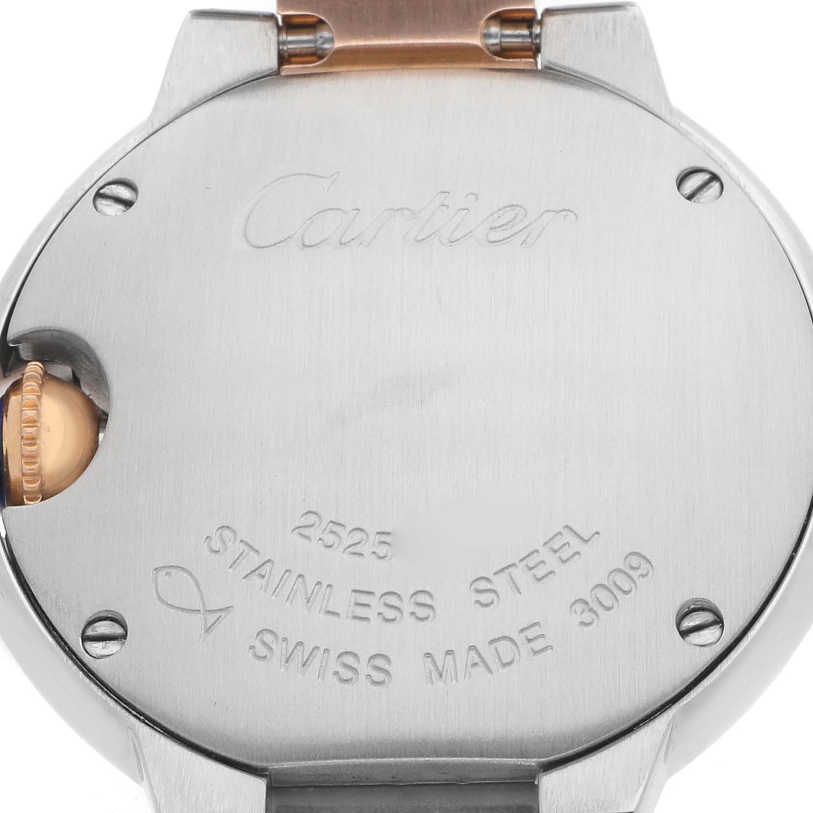 The image shows the back of a Cartier Ballon Bleu W6920034 Women's Steel and Gold (two tone) Mother of Pearl Dial watch, highlighting the stainless steel case back and crown.