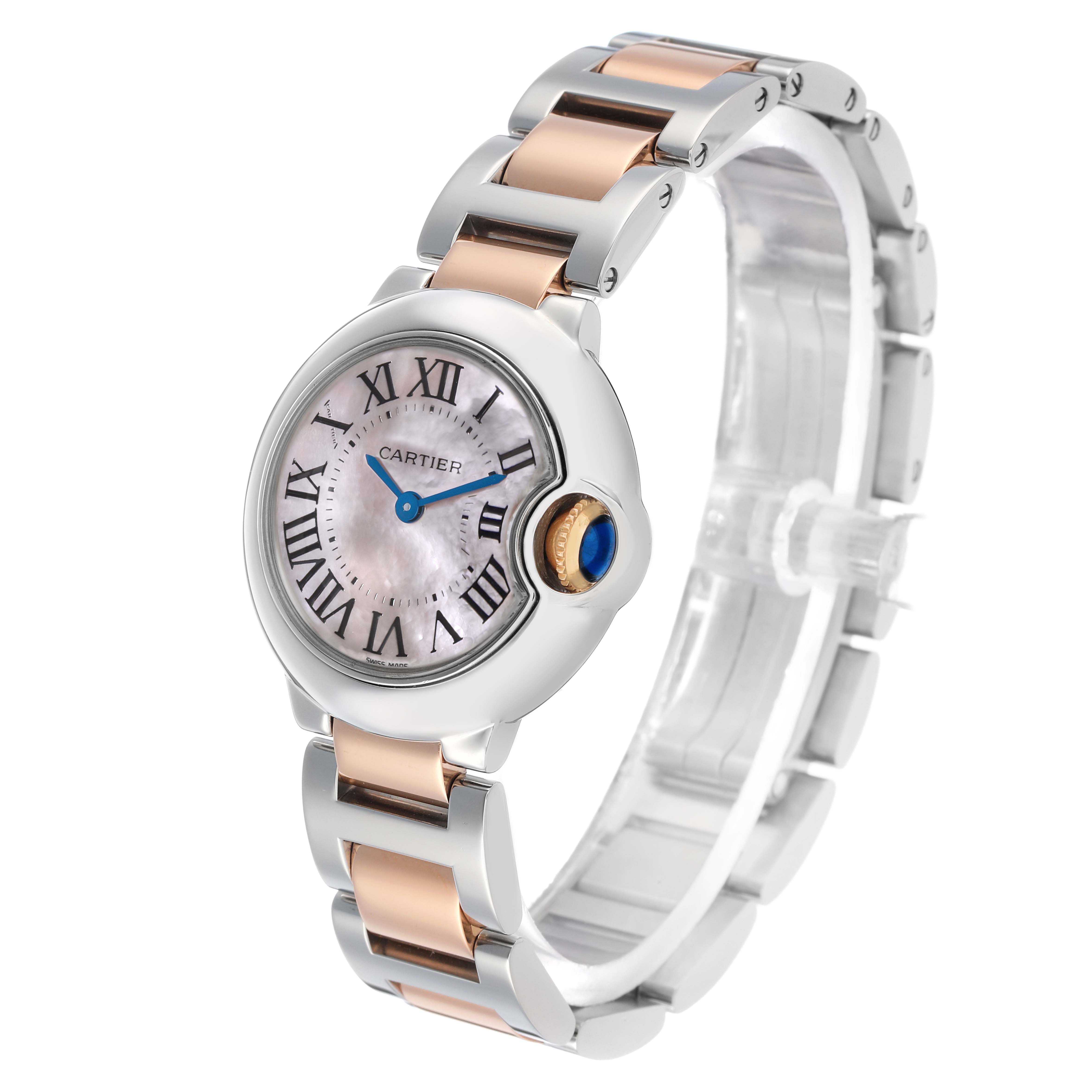 The Cartier Ballon Bleu W6920034 Women's Steel and Gold (two tone) Mother of Pearl Dial watch is shown at a three-quarter angle, displaying the face, bracelet, and crown.