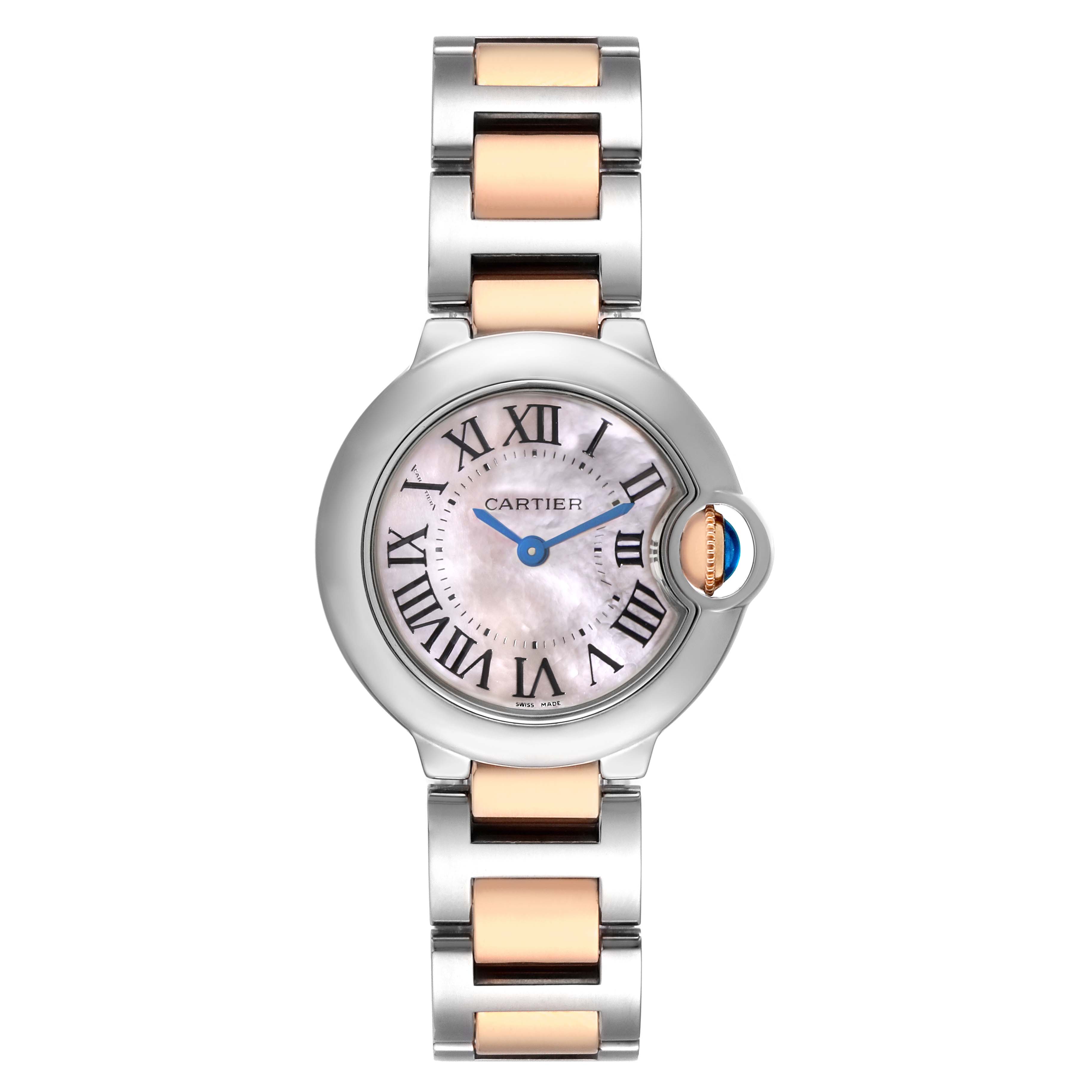 The Cartier Ballon Bleu W6920034 Women's Steel and Gold (two tone) Mother of Pearl Dial watch is shown from the front, displaying its round case, Roman numerals, and dual-tone bracelet.