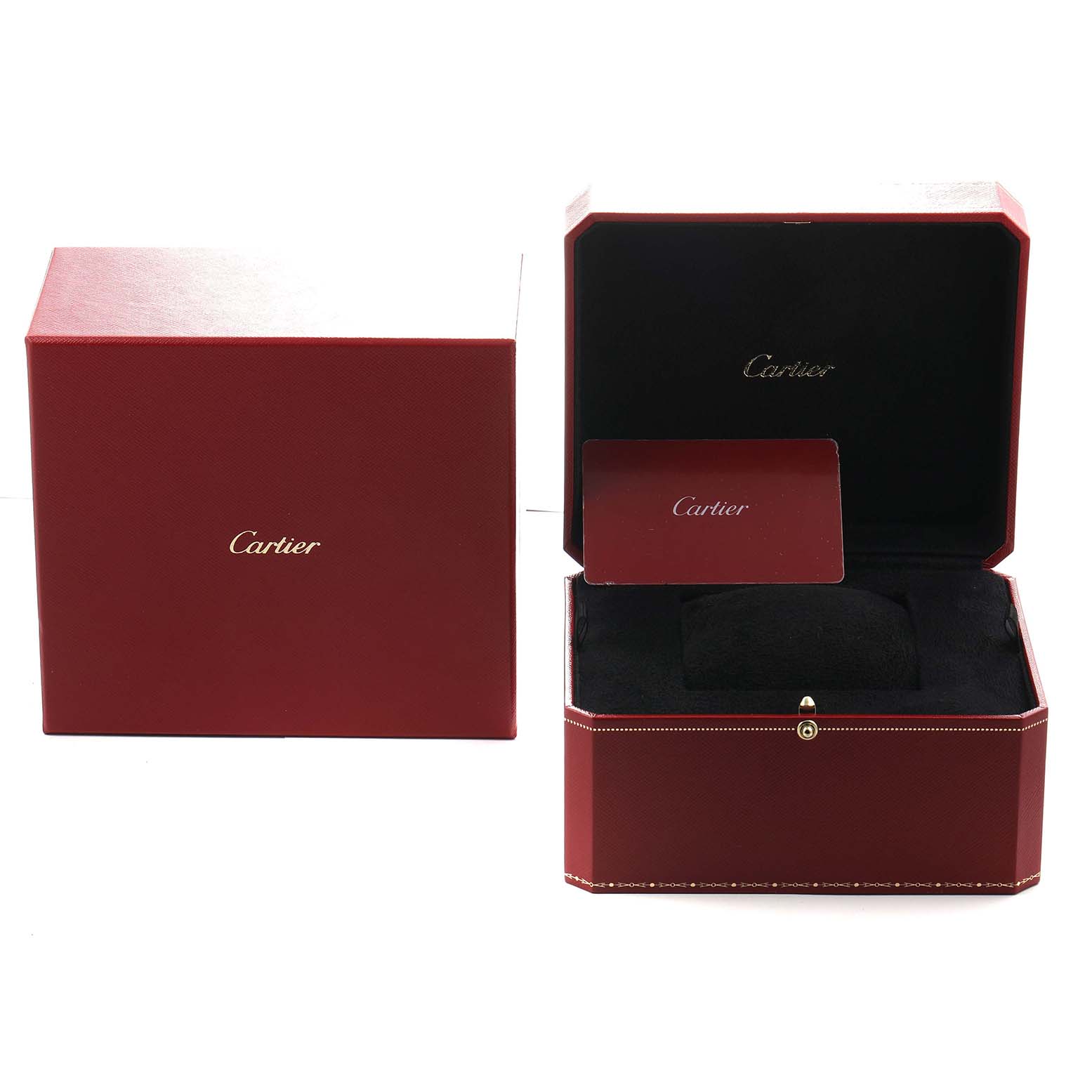 The image shows a red Cartier Ballon Bleu WJBB0036 Women's Rose Gold Silver Dial watch box, with one closed box and another open to reveal a card and cushion inside.