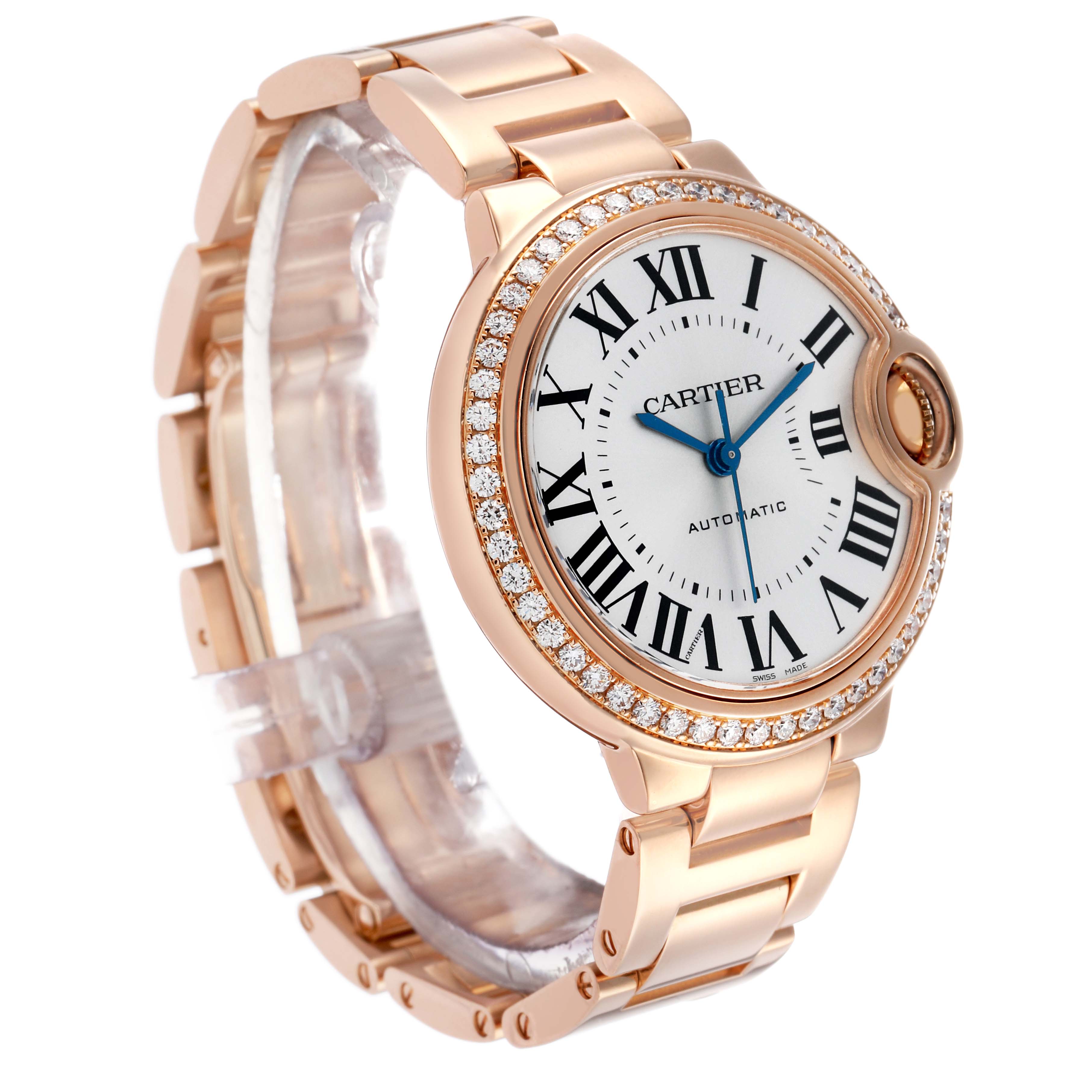 The Cartier Ballon Bleu WJBB0036 Women's Rose Gold Silver Dial watch is shown at a slight angle, showcasing the face, diamond bezel, and part of the bracelet.