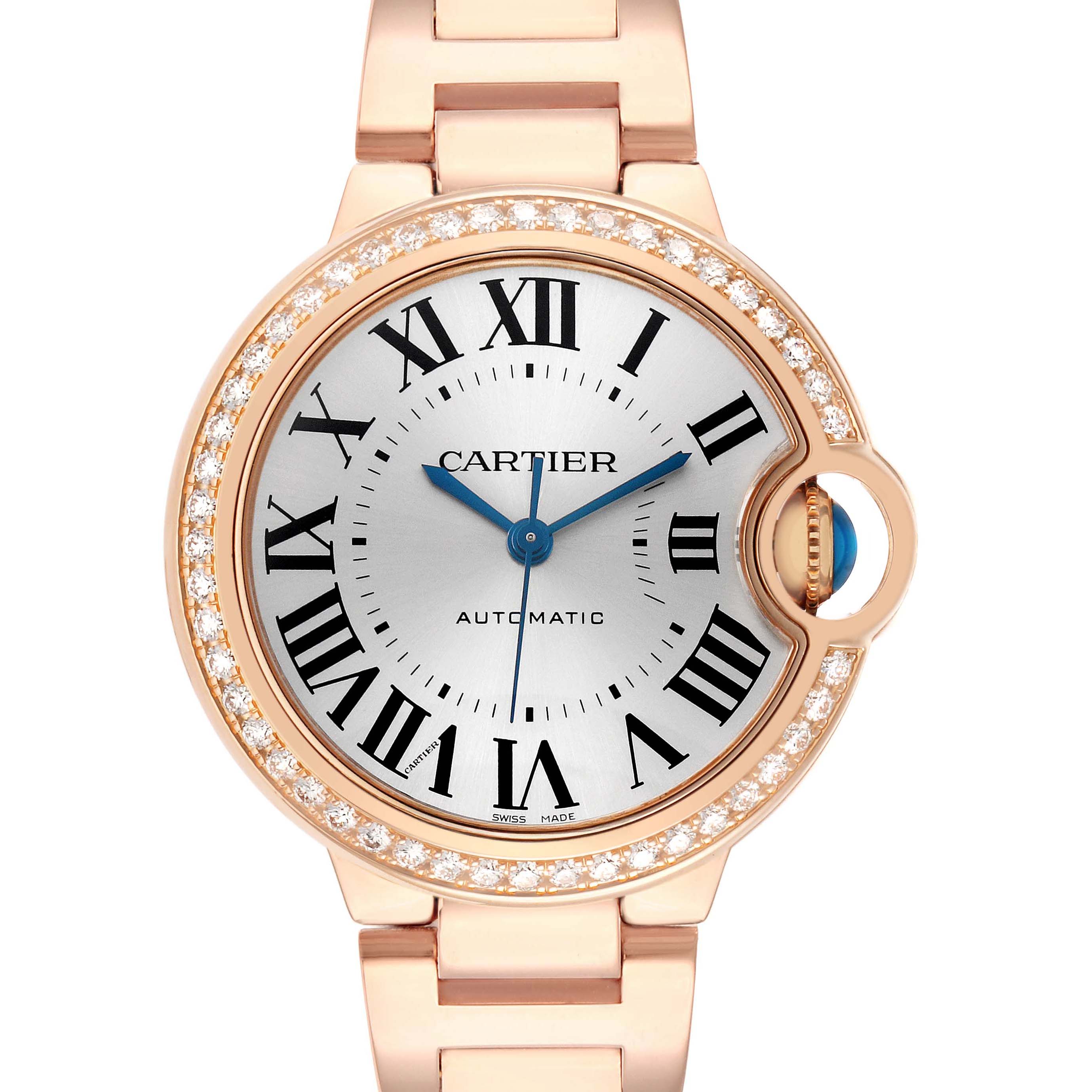 The Cartier Ballon Bleu WJBB0036 Women's Rose Gold Silver Dial watch is shown from a front angle, highlighting its face, bezel, and part of the band.