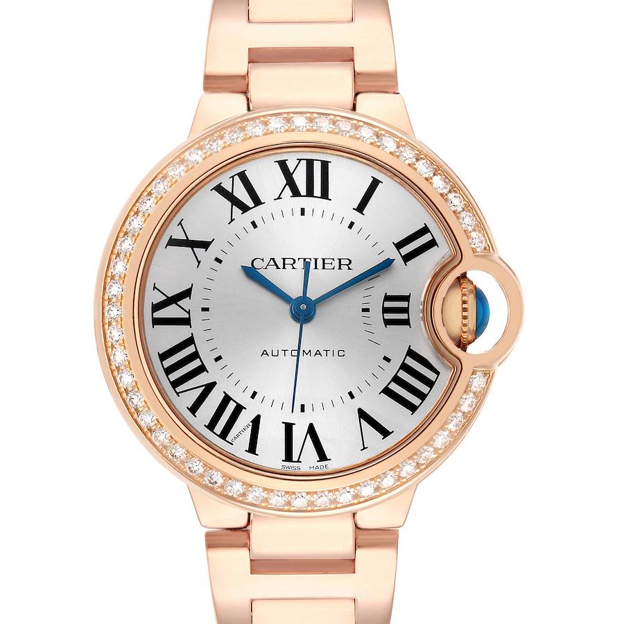 The Cartier Ballon Bleu WJBB0036 Women's Rose Gold Silver Dial watch is shown from a front angle, highlighting its face, bezel, and part of the band.