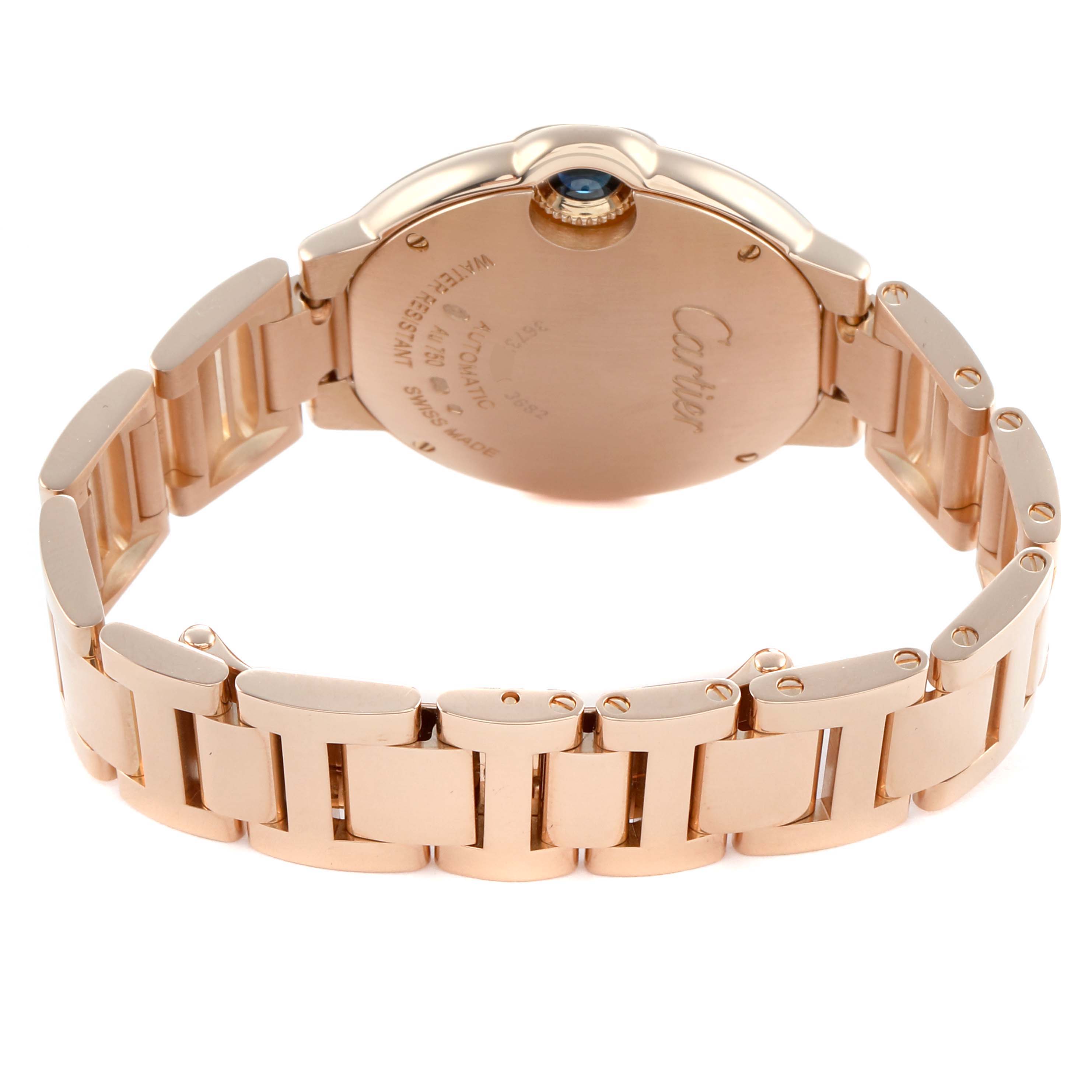 The Cartier Ballon Bleu WJBB0036 Women's Rose Gold Silver Dial watch is shown from the back, highlighting its bracelet, clasp, and case back with engravings.
